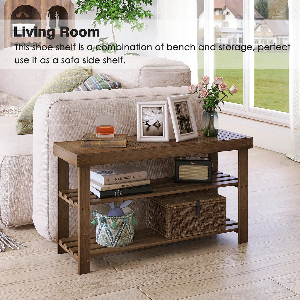 SMIBUY 3-Tier Bamboo Shoe Rack Bench – Entryway Storage Shelf, Walnut