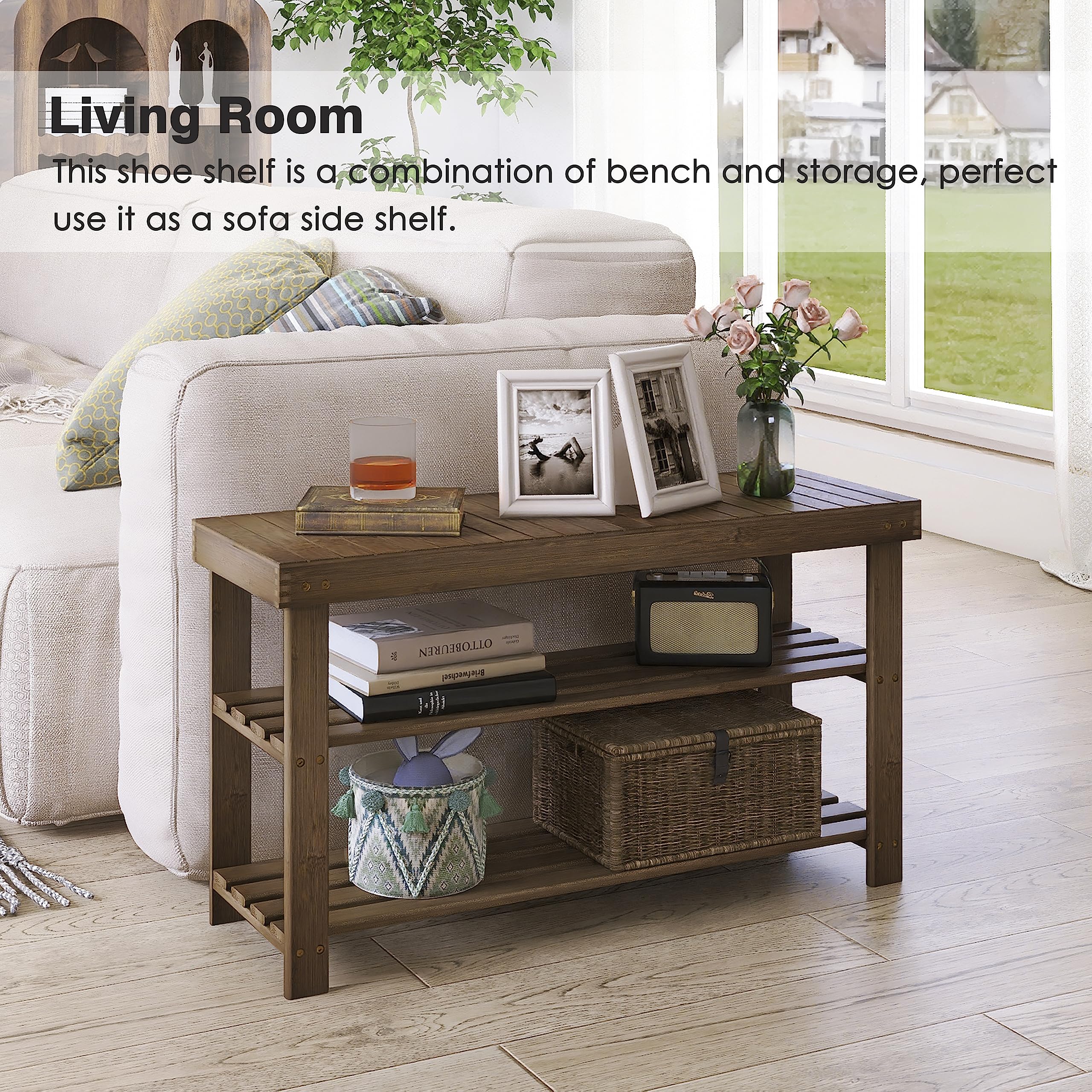 SMIBUY 3-Tier Bamboo Shoe Rack Bench – Entryway Storage Shelf, Walnut