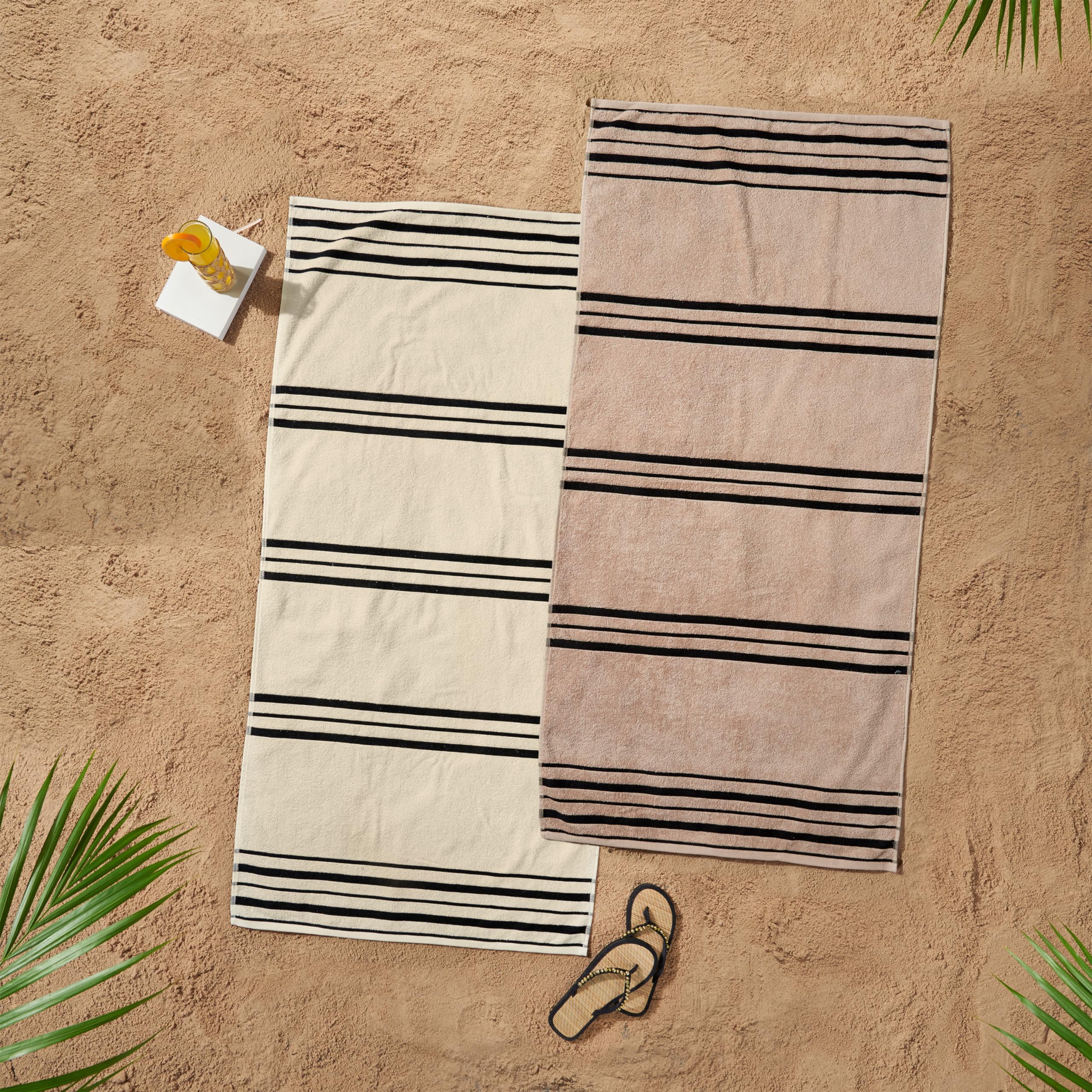 Catherine Lansfield Banded Stripe Cotton Beach Towel Pair - Cream
