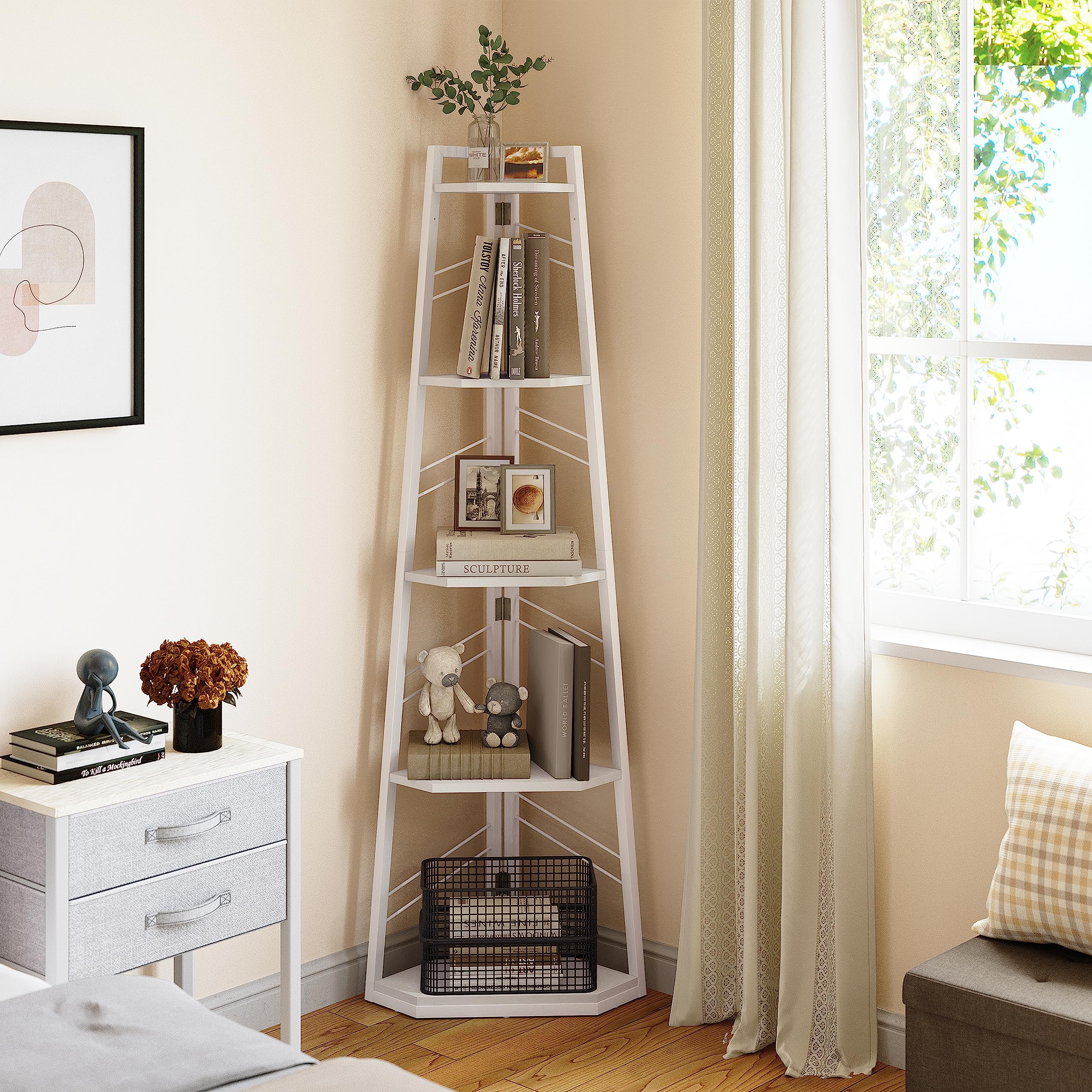 YITAHOME 5-Tier Corner Bookshelf – Industrial Wooden Ladder Shelf, White