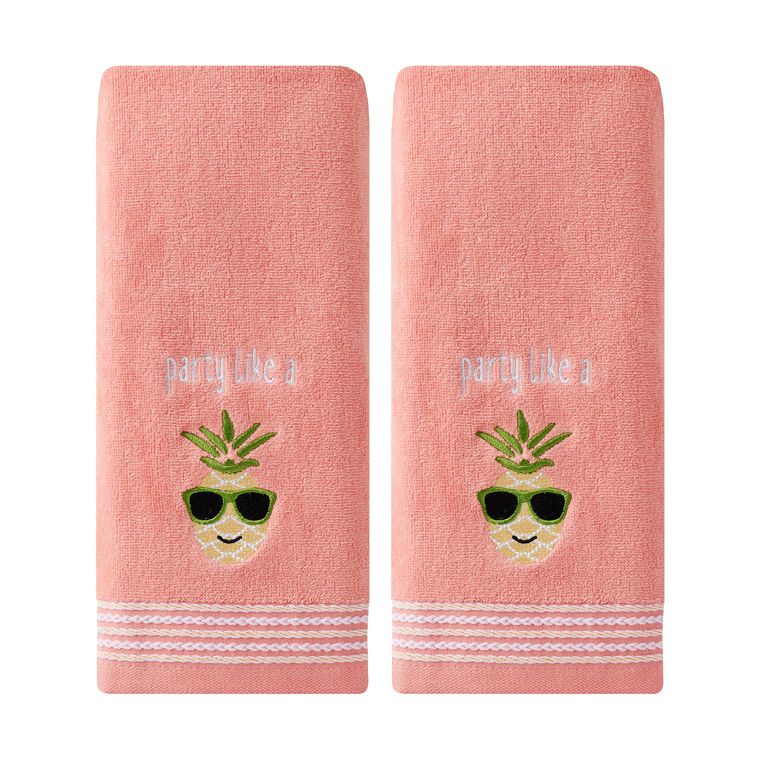SKL Home Party Pineapple 2-Piece Hand Towel Set | 100% Cotton Coral Pink