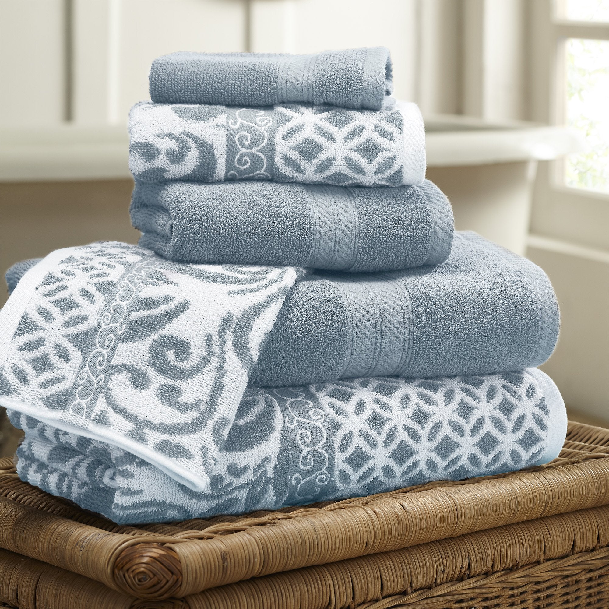 Modern Threads 6-Piece Jacquard Cotton Towel Set – Trefoil Filigree