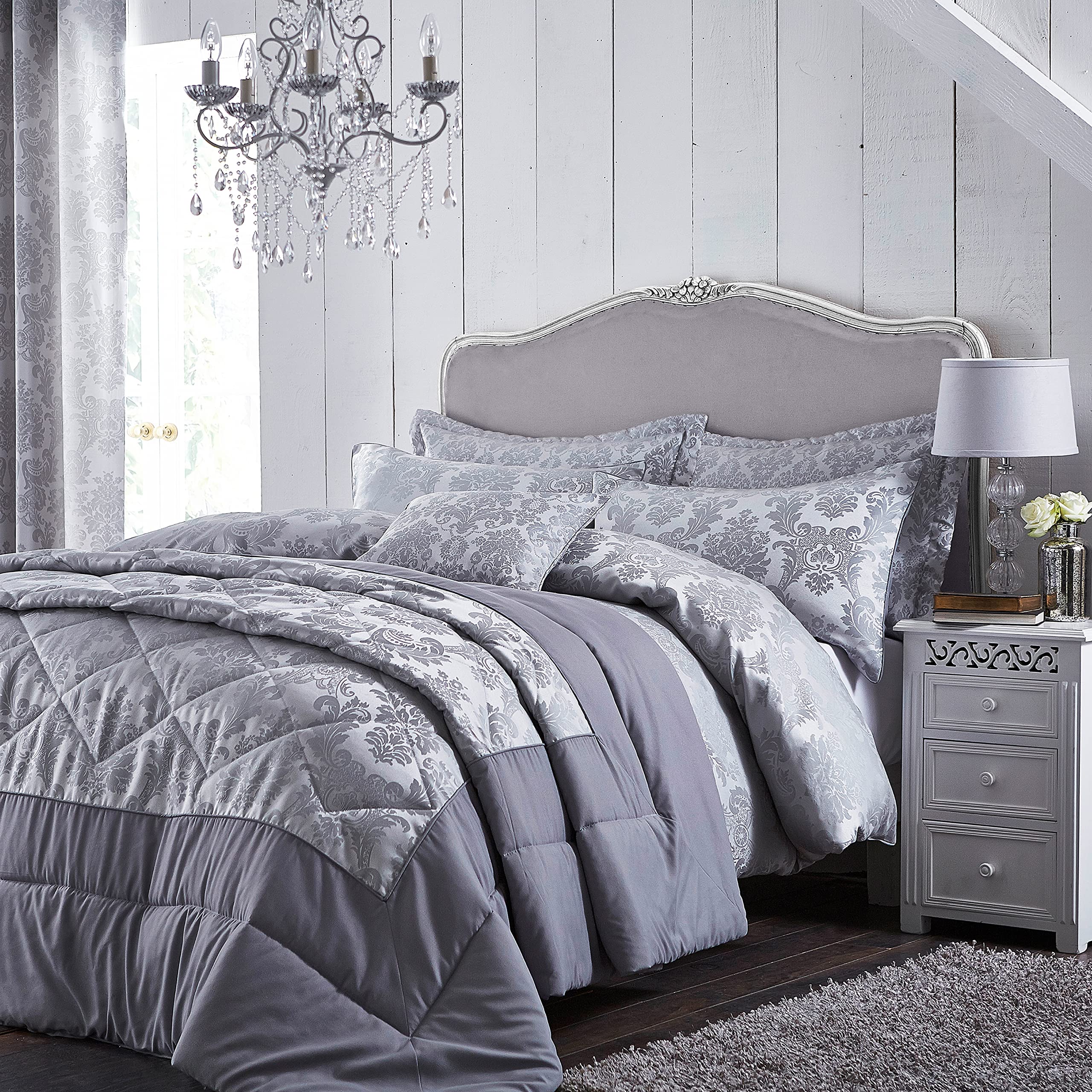 Catherine Lansfield Damask Jacquard Super King Duvet Cover Set - Silver