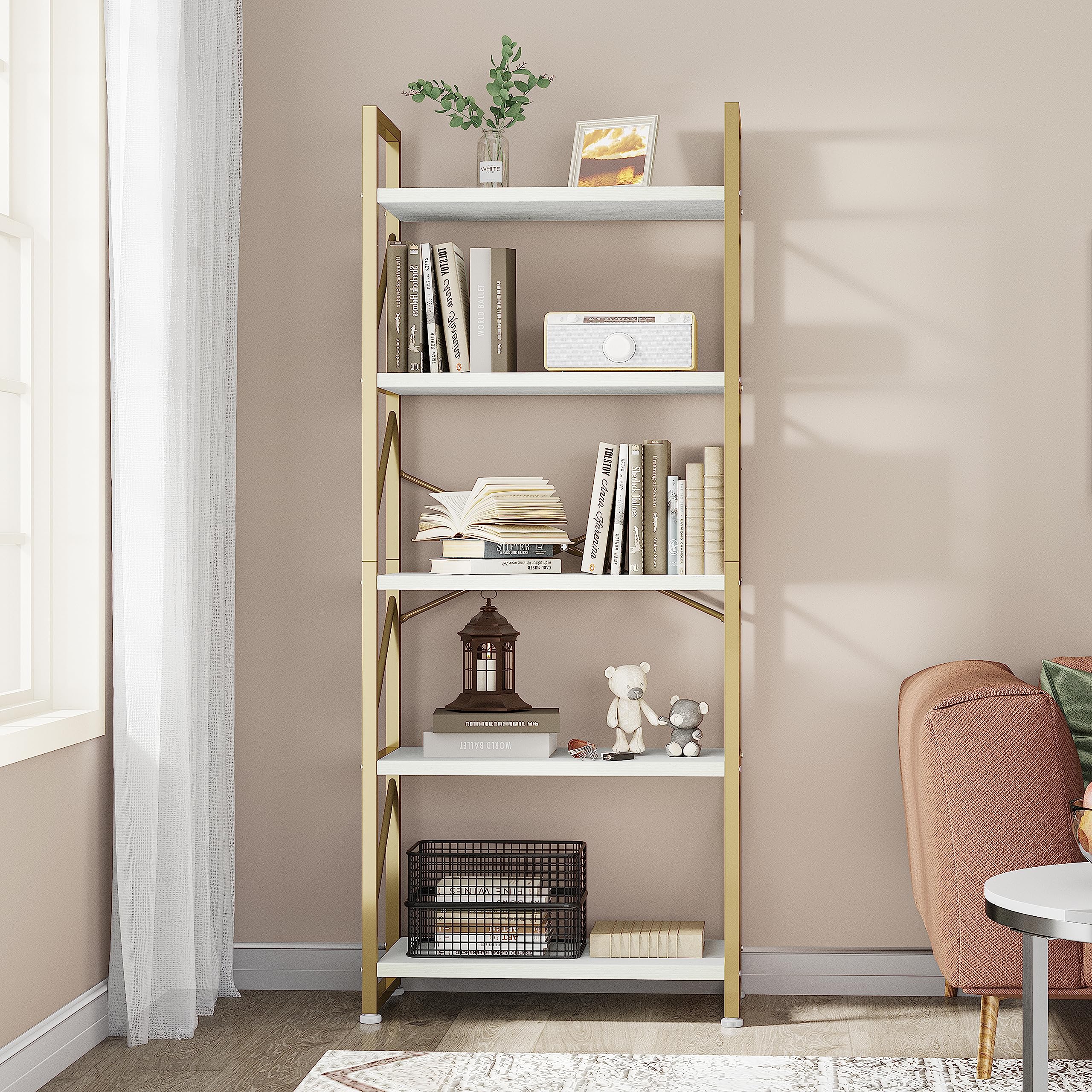 YITAHOME 5-Tier Industrial Bookcase | Gold Metal Frame Storage Shelf