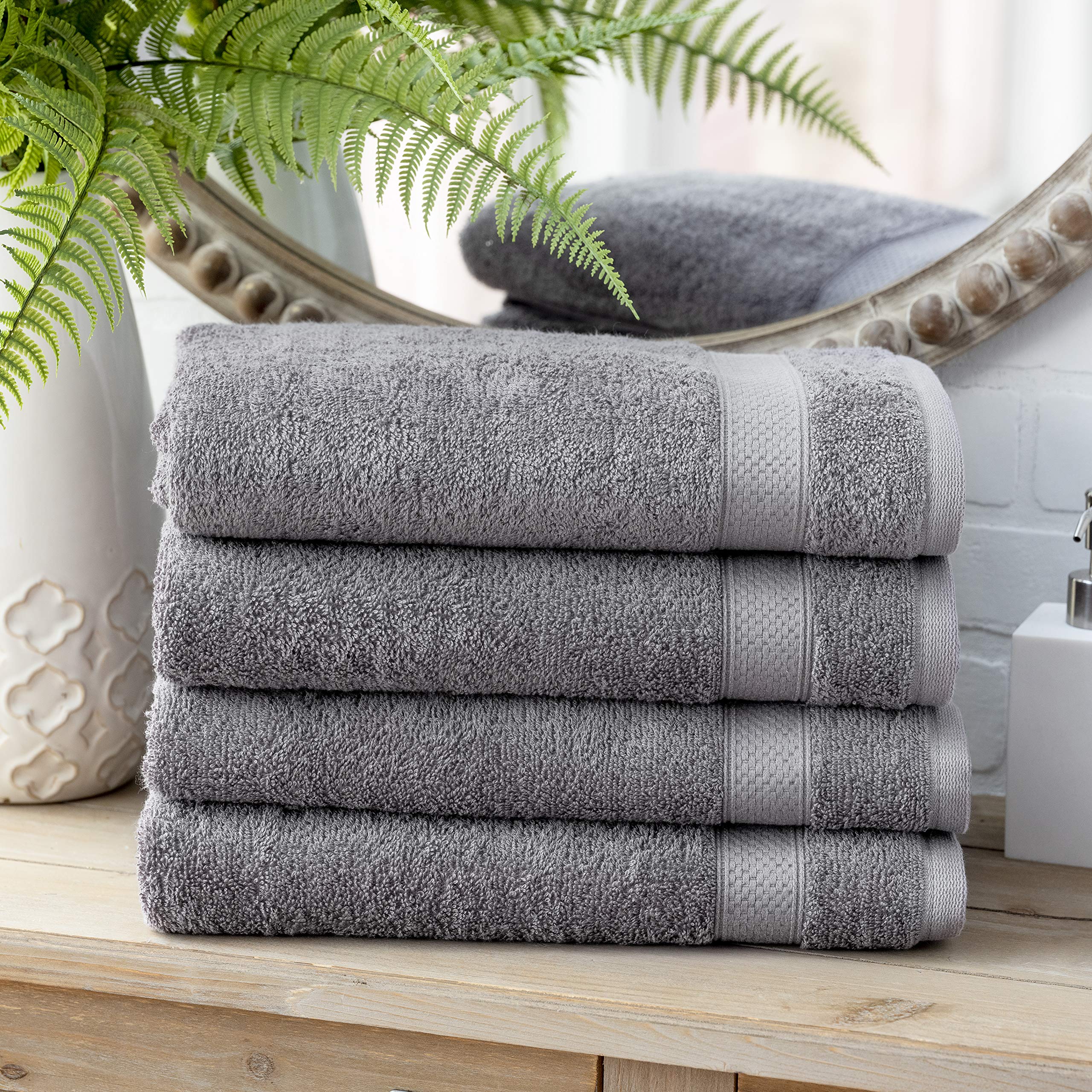 Welhome 100% Cotton Bath Towels – 4-Piece Set, Quick Dry, Slate Grey