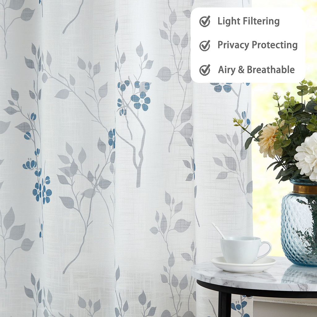 Beauoop Blue Grey Floral Semi Sheer Curtains - Linen Textured 90 Drop