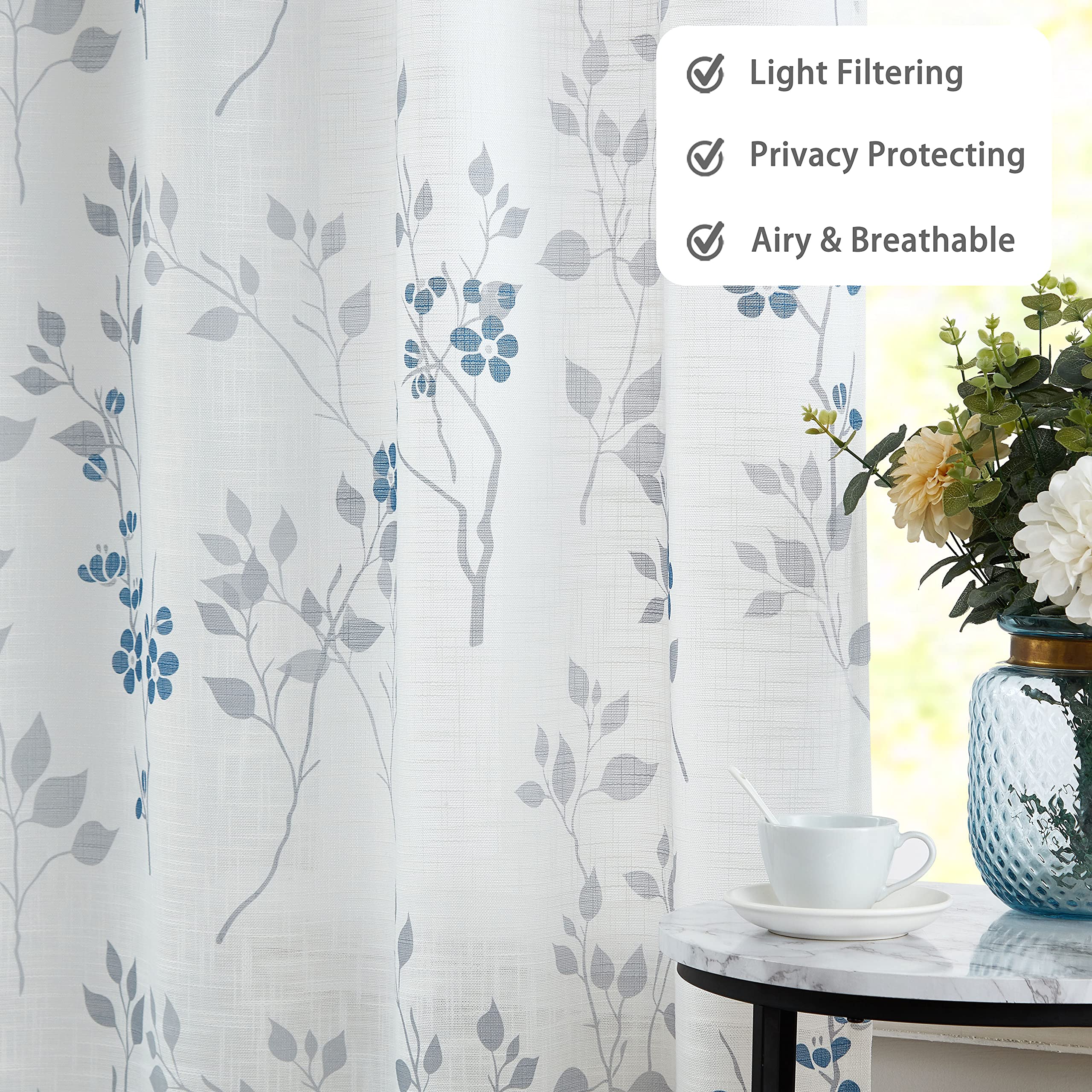 Beauoop Blue Grey Floral Semi Sheer Curtains - Linen Textured 90 Drop