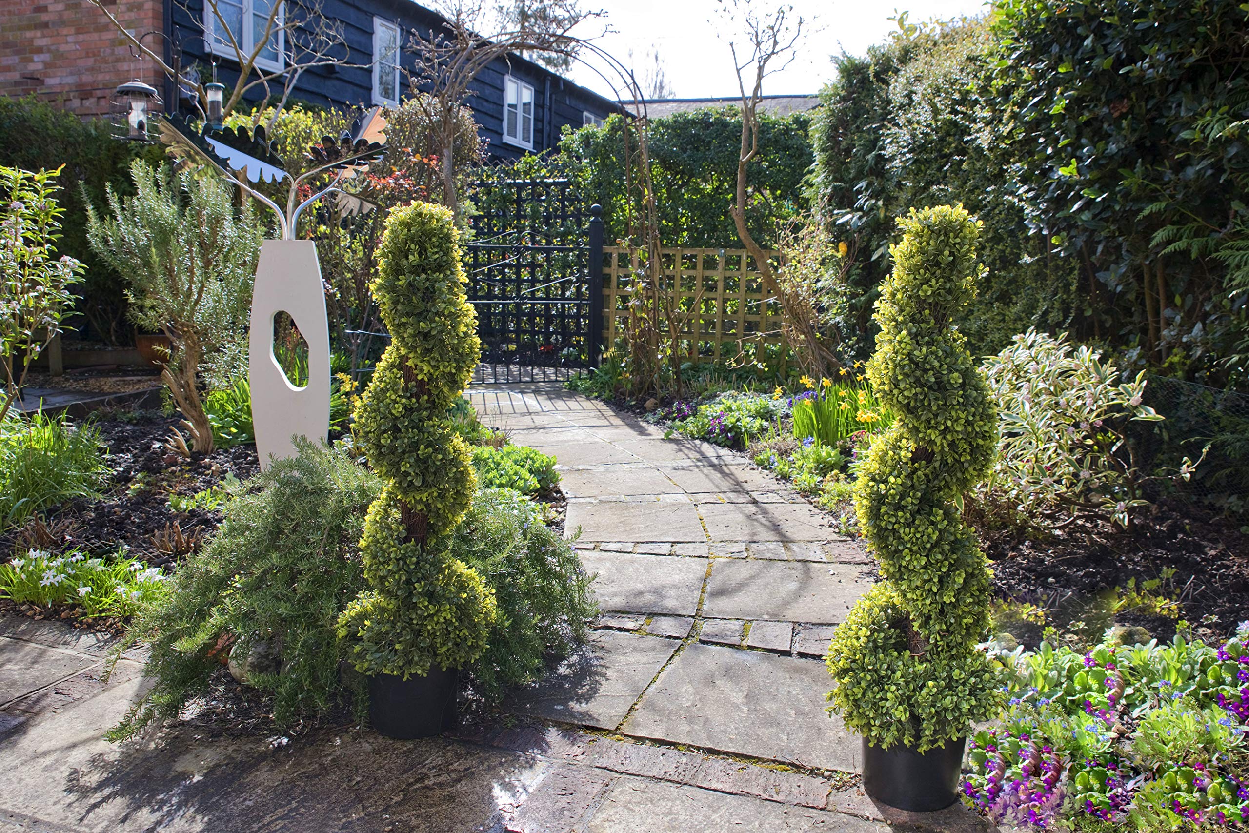 3ft Artificial Boxwood Spiral Topiary Trees in Pots - Set of 2
