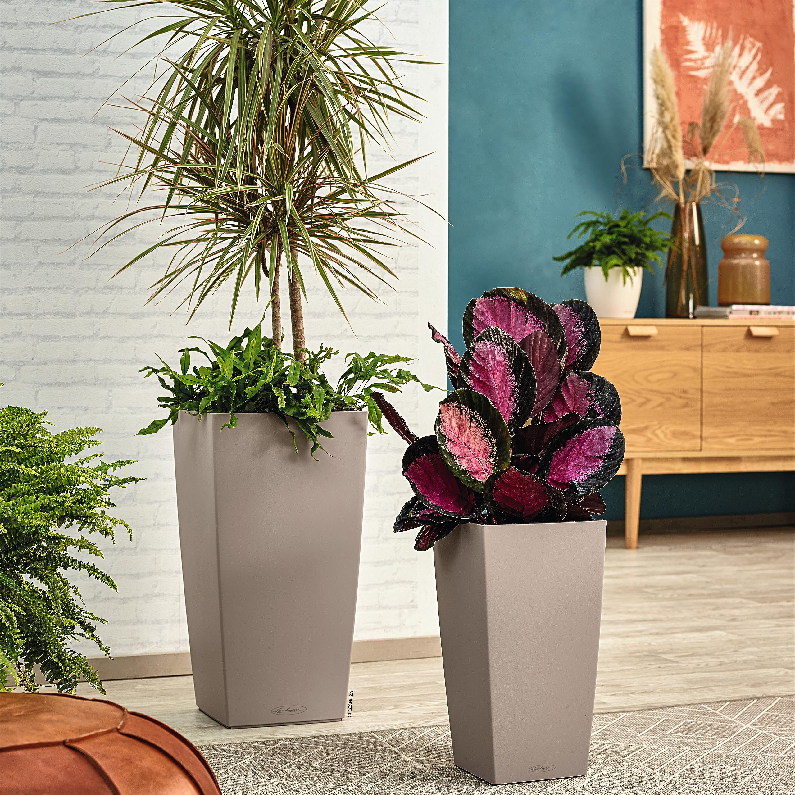 Lechuza CUBICO Color 22 Self-Watering Planter | Sand Brown Poly-Resin