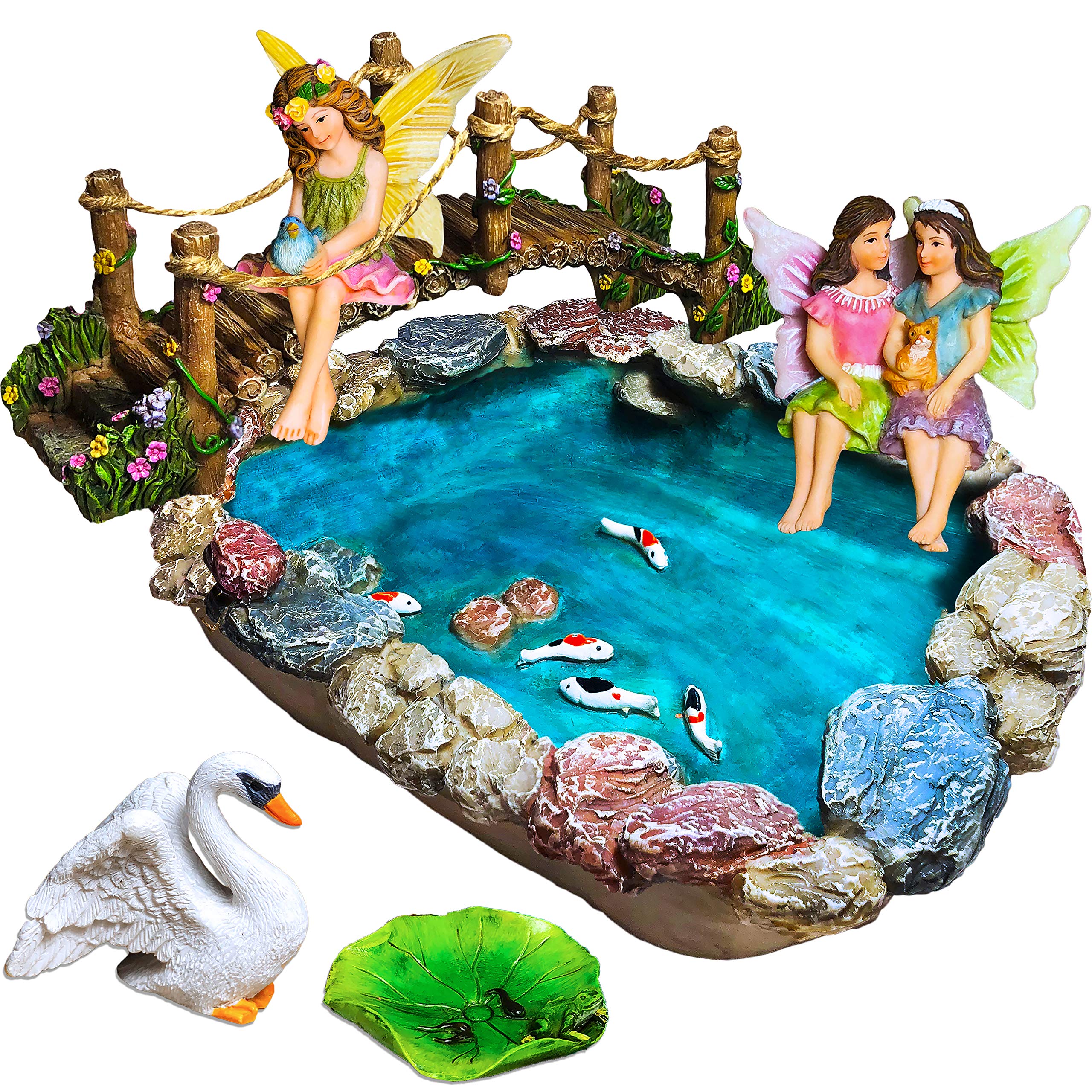 Mood Lab Fairy Garden Fish Pond Kit | 6pc Miniature Bridge & Resin Figurines