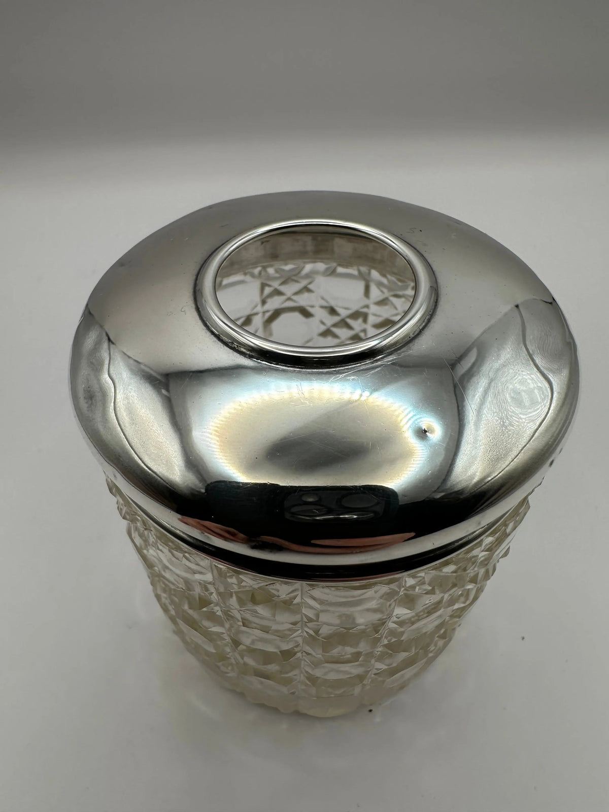 Antique Solid Sterling Silver Topped Cut Glass Pot  / Dressing Table Pot