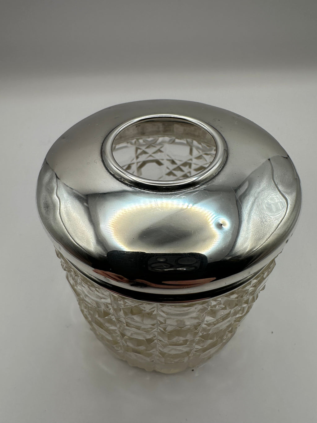 Antique Solid Sterling Silver Topped Cut Glass Pot  / Dressing Table Pot