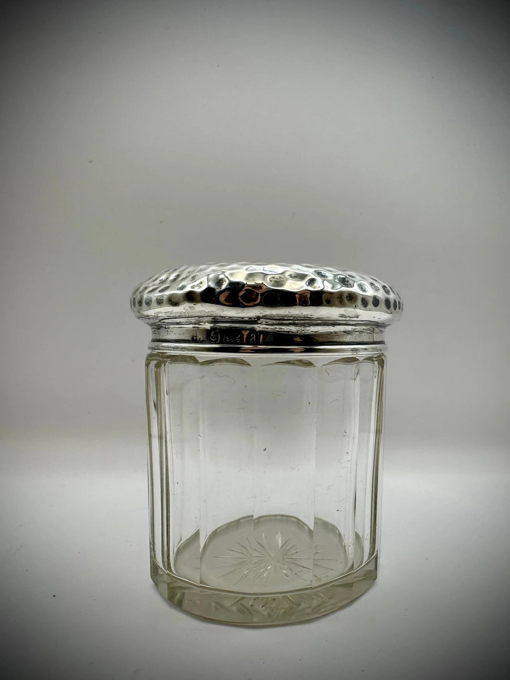 Antique Solid Sterling Silver Topped Cut Glass Pot  / Inscribed With Milly