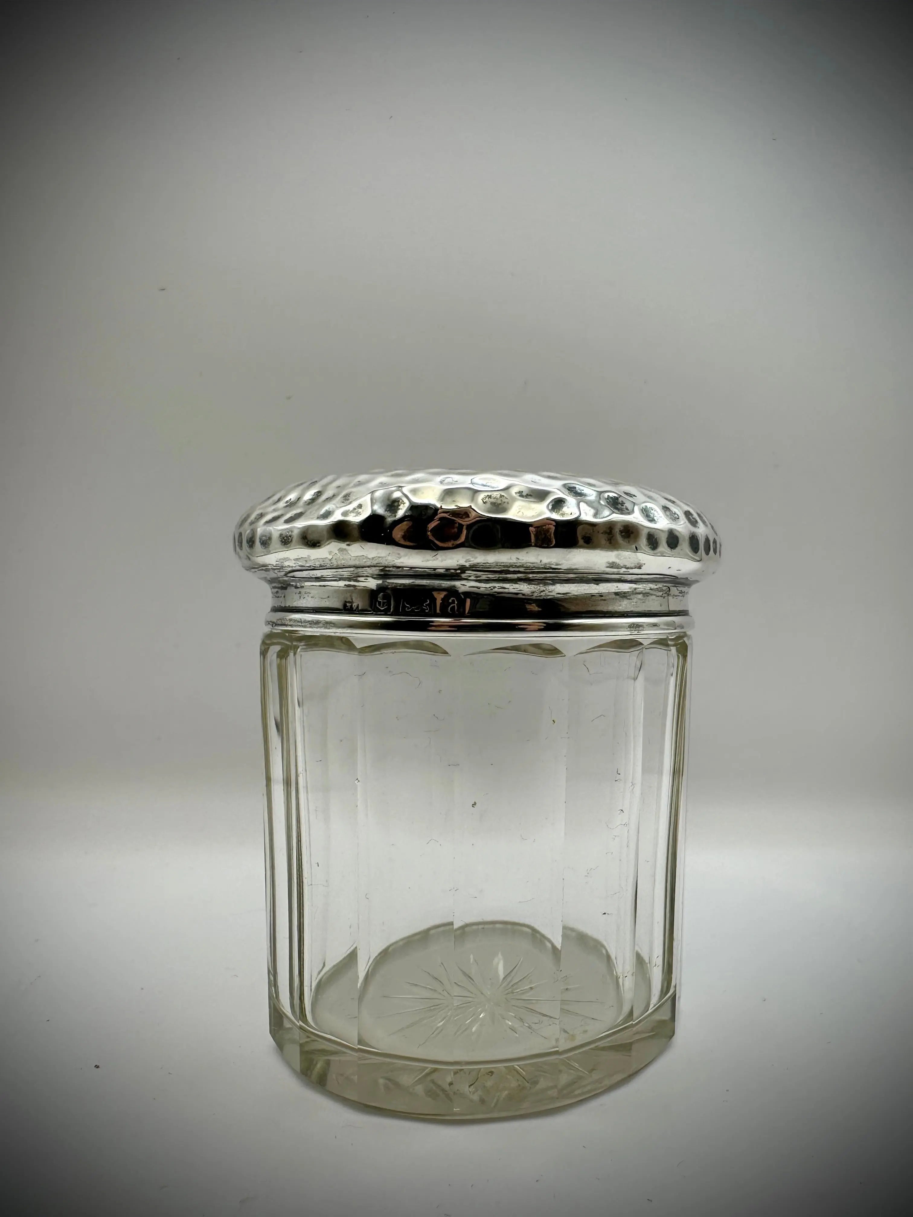 Antique Solid Sterling Silver Topped Cut Glass Pot  / Inscribed With Milly