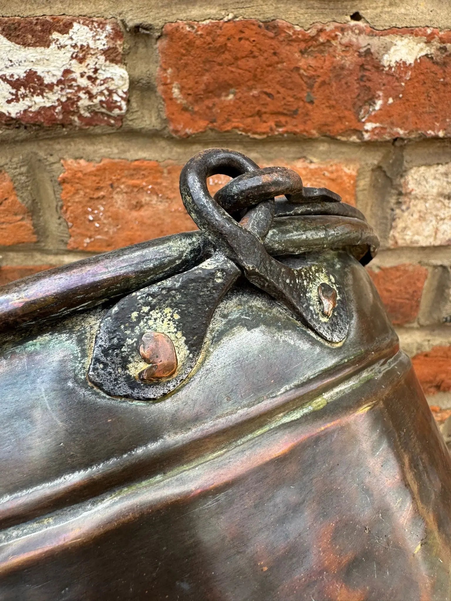 Antique Copper Cauldron Pot with Riveted Iron Handle & Dovetail Planter Pot  B