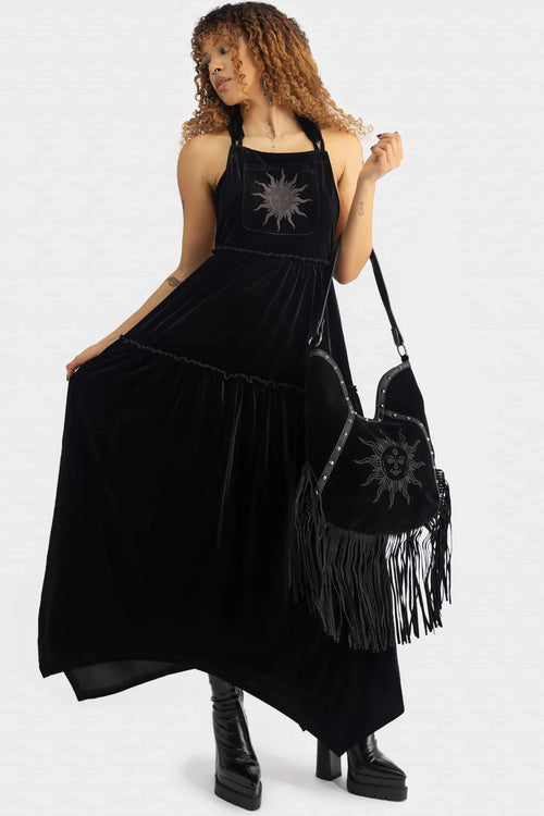 Killstar Ascended Black Velvet Maxi Pinafore Dress – Sun Embroidery