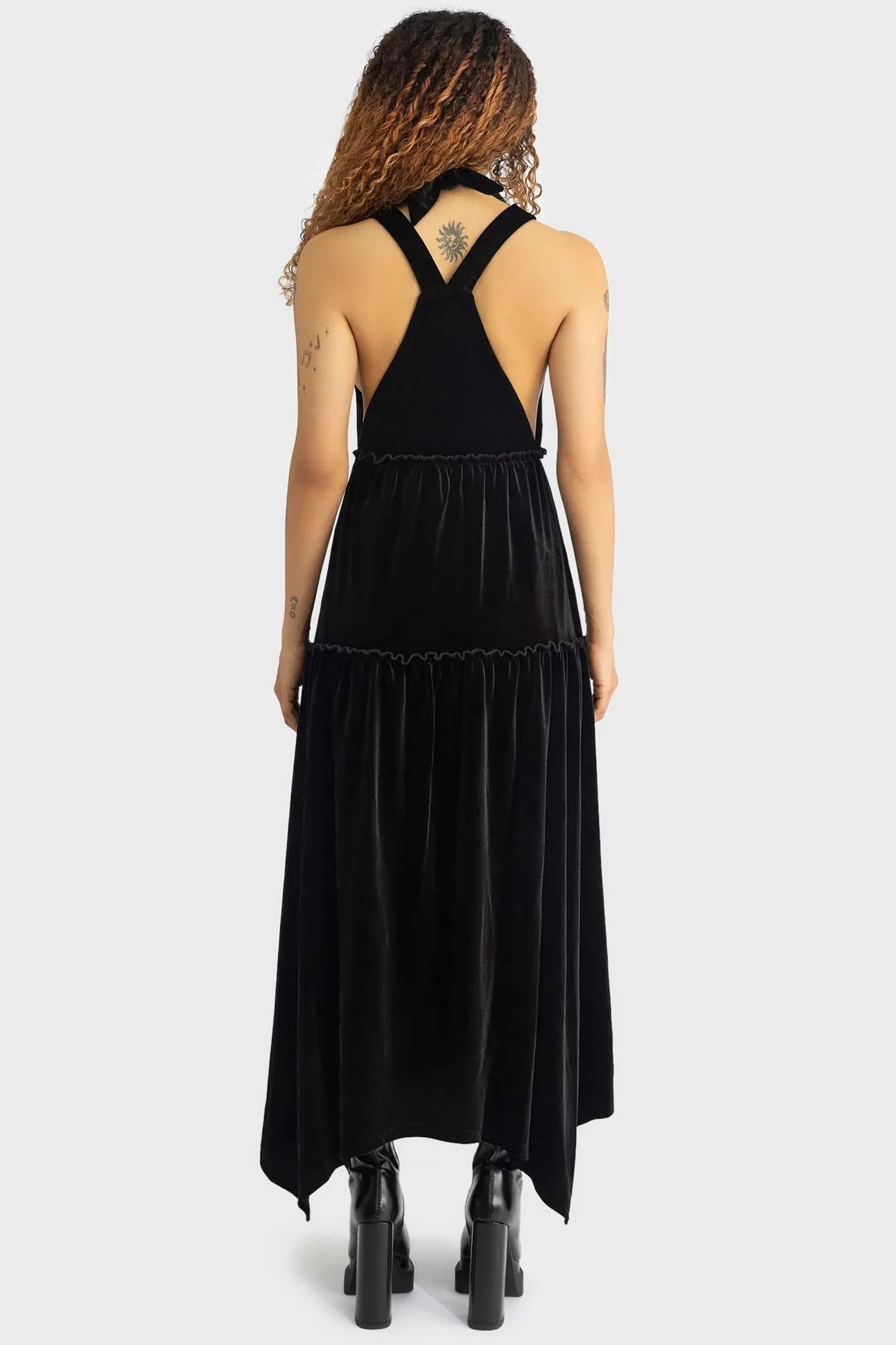Killstar Ascended Black Velvet Maxi Pinafore Dress – Sun Embroidery