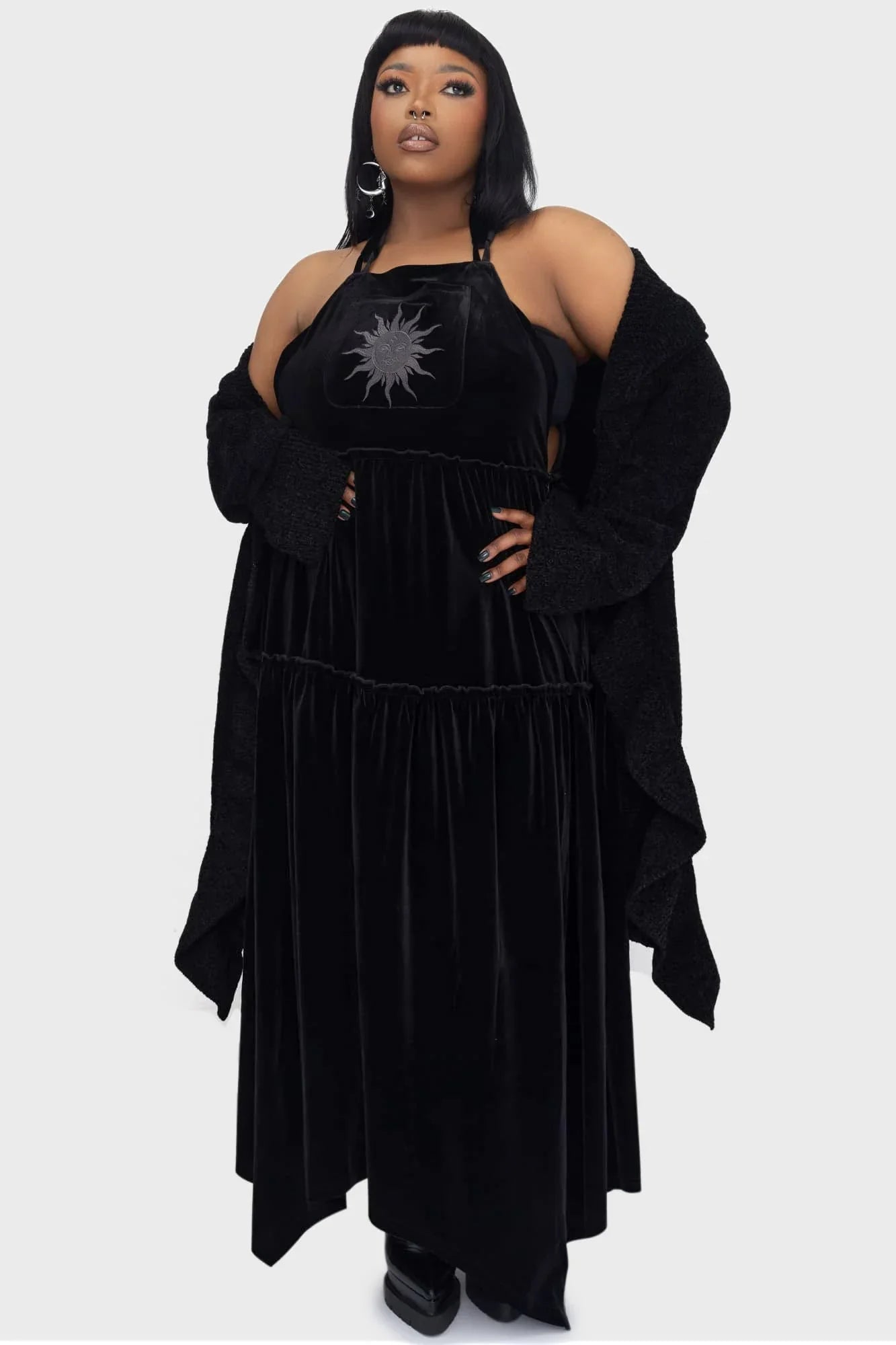 Killstar Ascended Black Velvet Maxi Pinafore Dress – Sun Embroidery