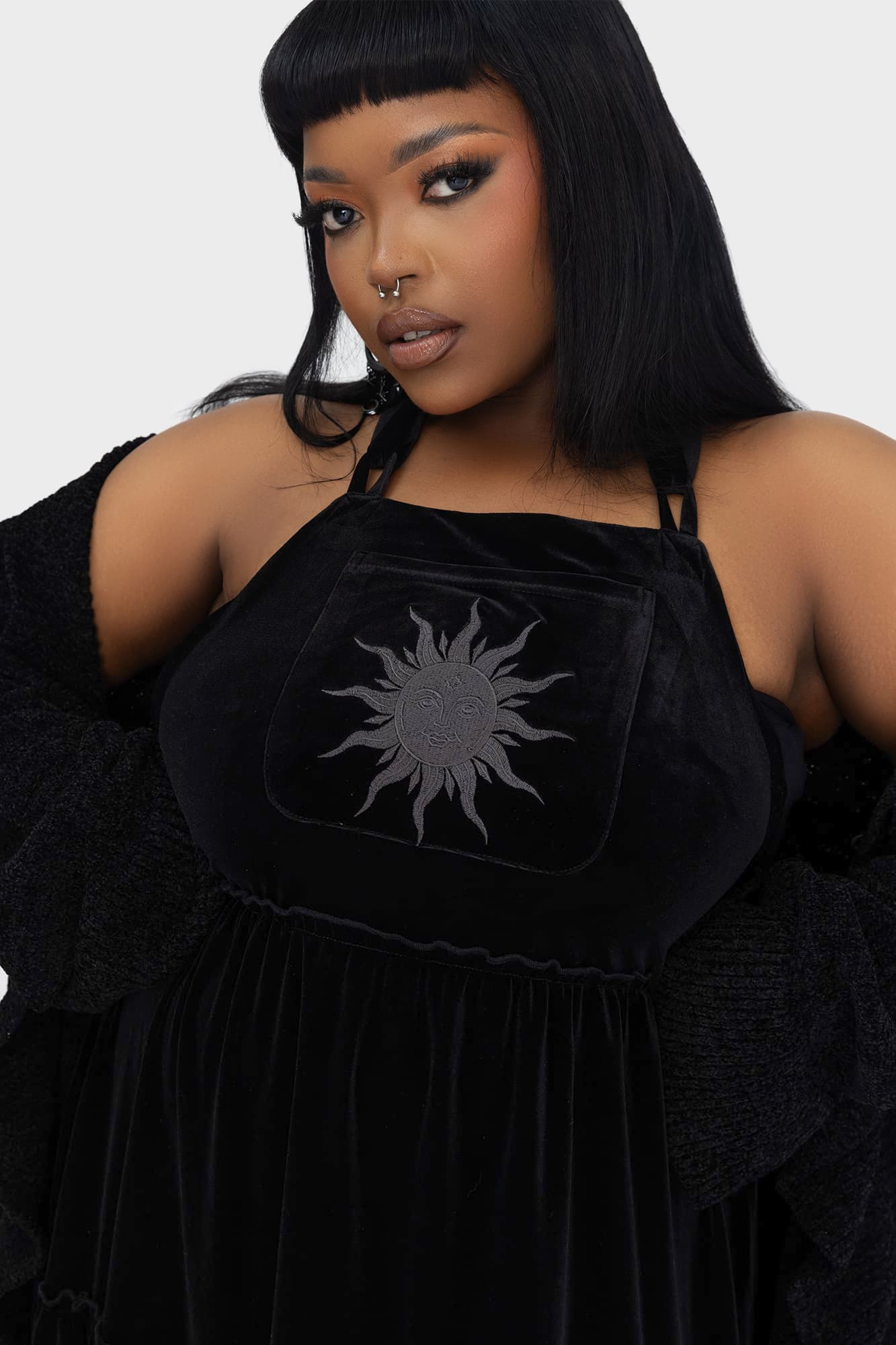 Killstar Ascended Black Velvet Maxi Pinafore Dress – Sun Embroidery