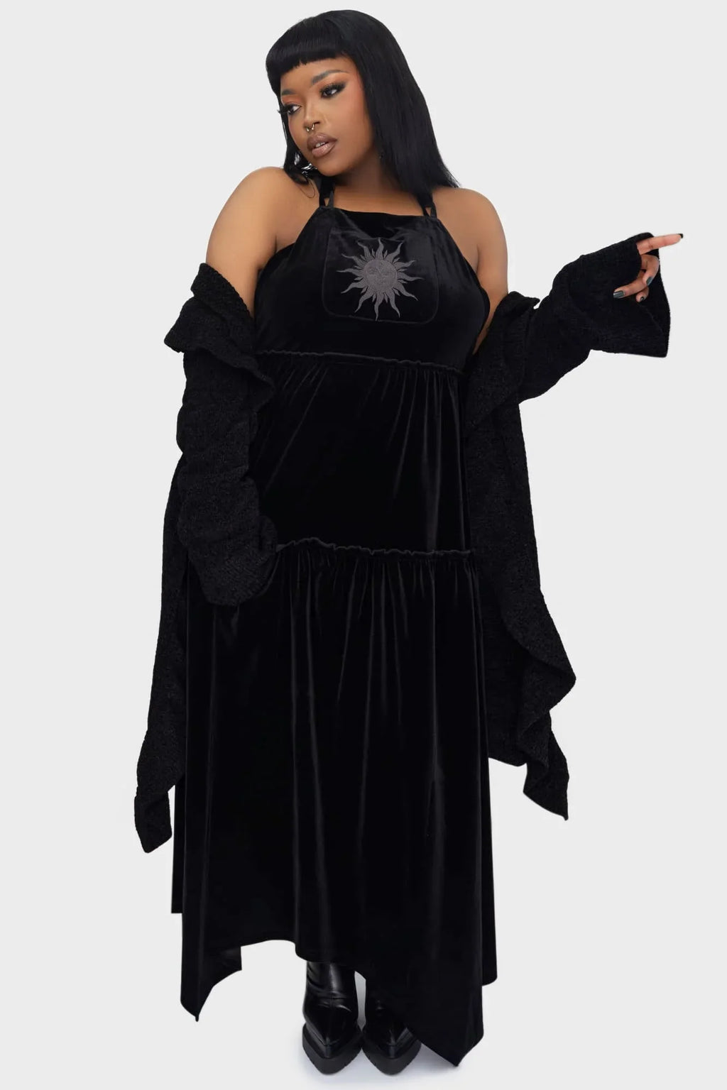 Killstar Ascended Black Velvet Maxi Pinafore Dress – Sun Embroidery