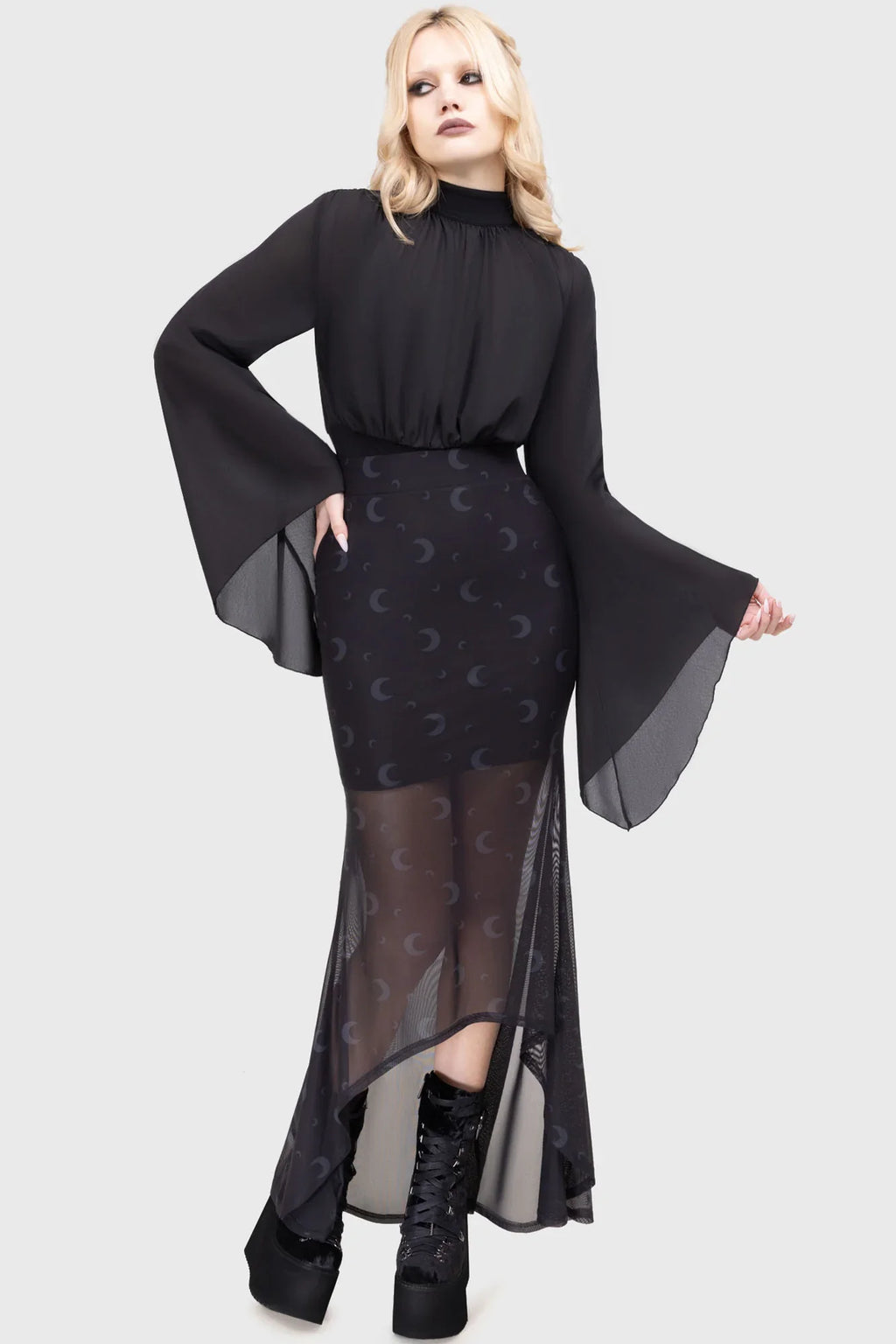 Killstar Astralune High Neck Top – Flared Sleeve Gothic Blouse