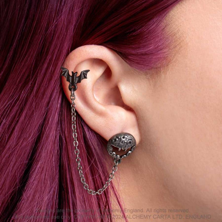 Alchemy Gothic Luna Roost Moon and Bat Earring | English Pewter