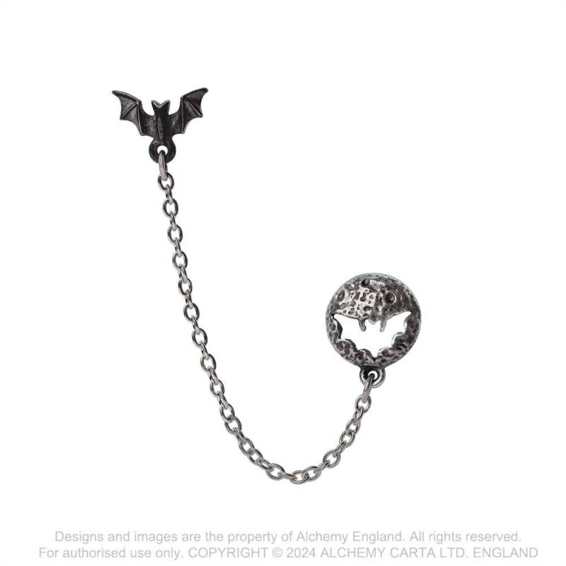 Alchemy Gothic Luna Roost Moon and Bat Earring | English Pewter