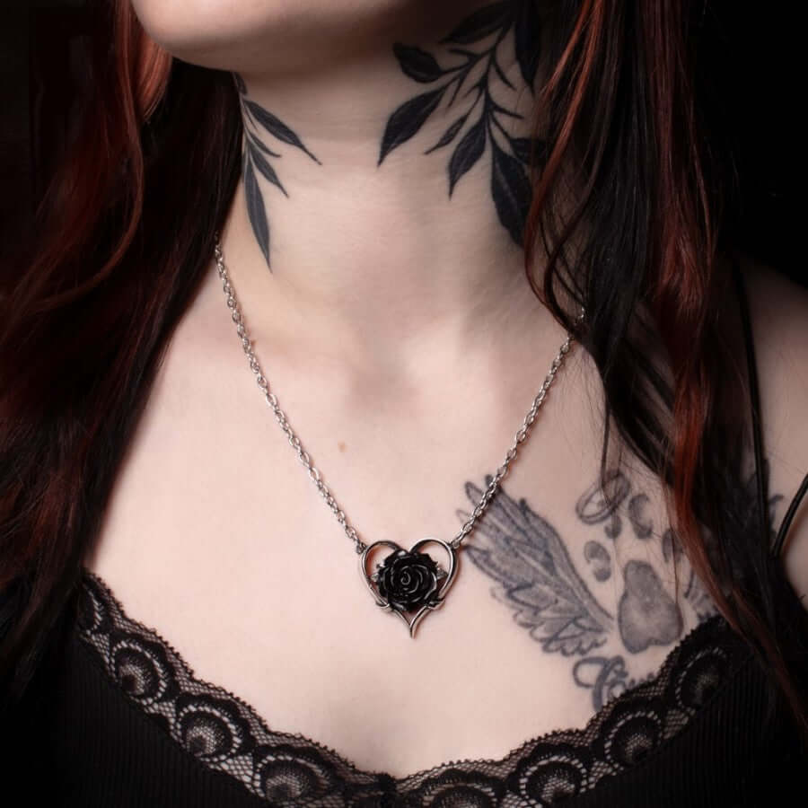 Alchemy Gothic Heart of Blackness Necklace | Black Rose Gothic Jewelry
