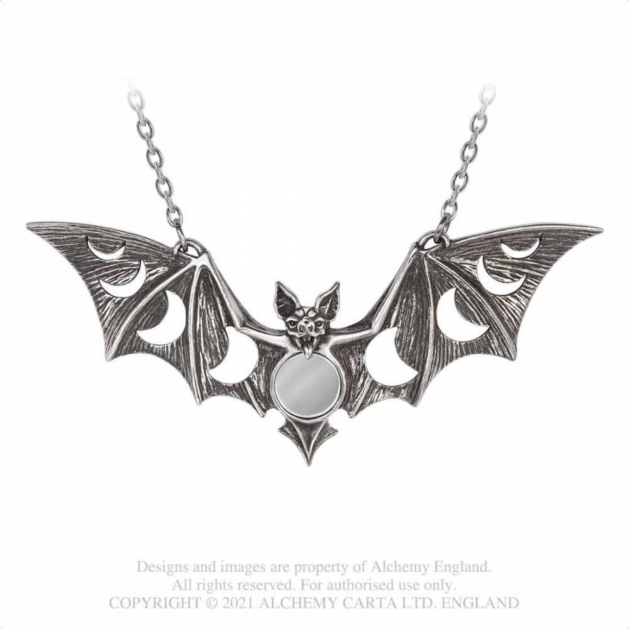 Alchemy Gothic Lunaeca Bat Pendant Necklace | Pewter Moon Jewelry
