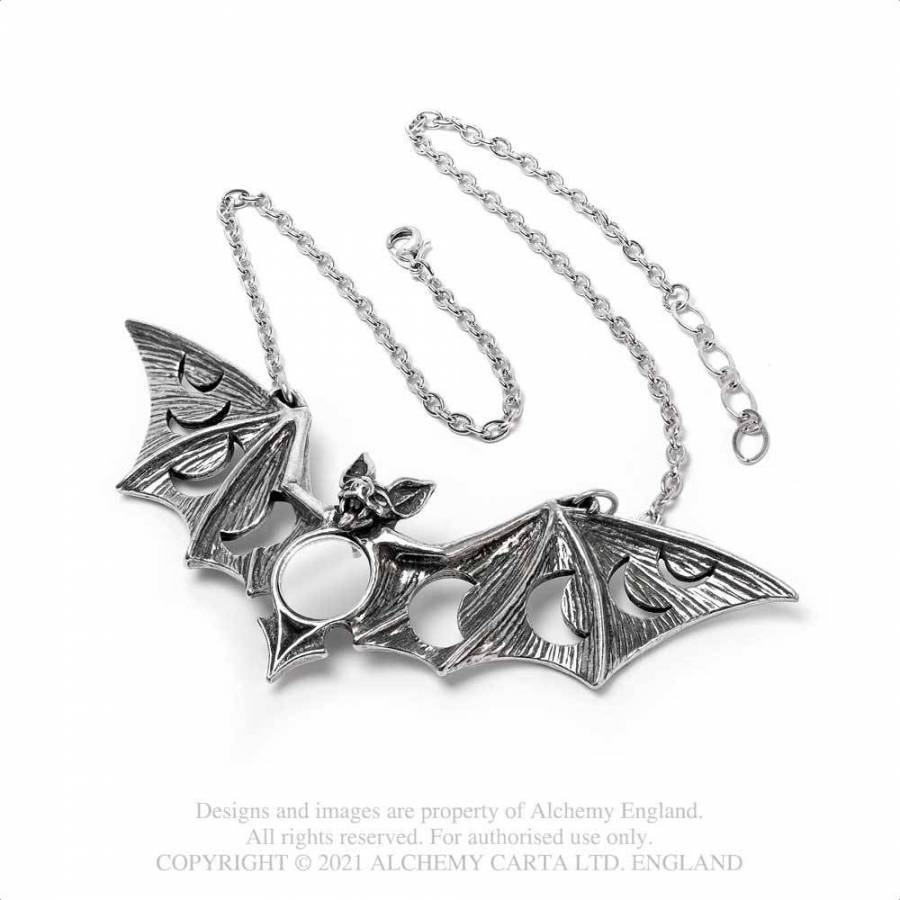 Alchemy Gothic Lunaeca Bat Pendant Necklace | Pewter Moon Jewelry