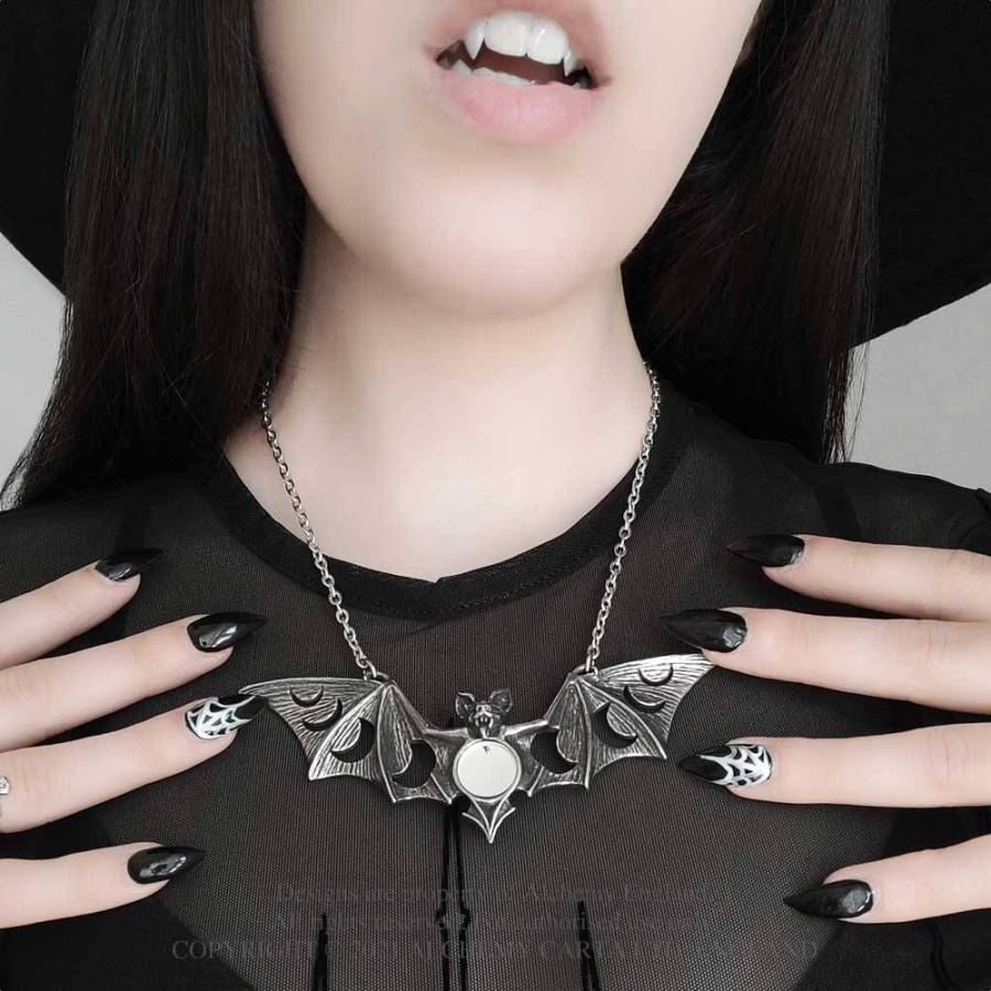Alchemy Gothic Lunaeca Bat Pendant Necklace | Pewter Moon Jewelry
