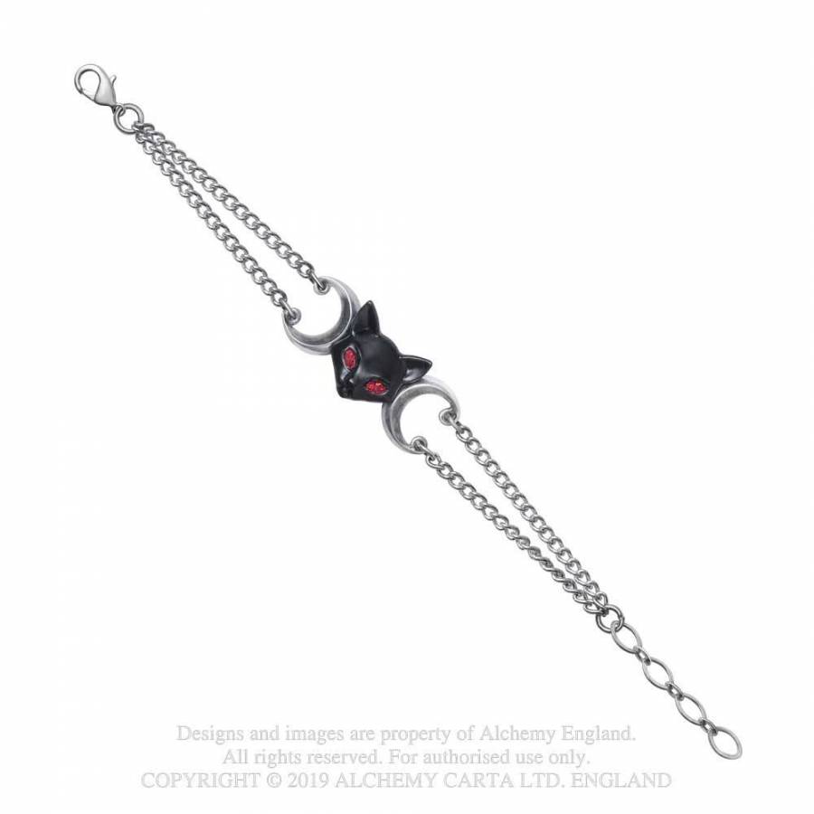 Alchemy Gothic Bastet Triple Moon Bracelet – Pewter Egyptian Cat