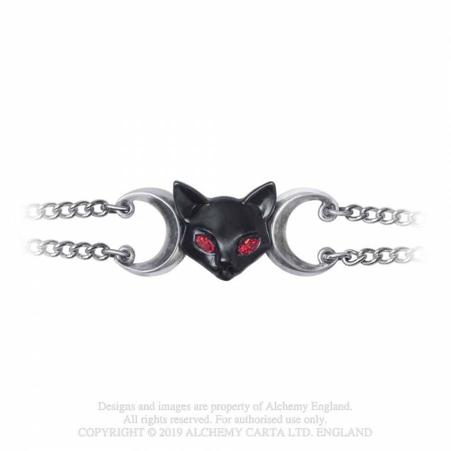 Alchemy Gothic Bastet Triple Moon Bracelet – Pewter Egyptian Cat