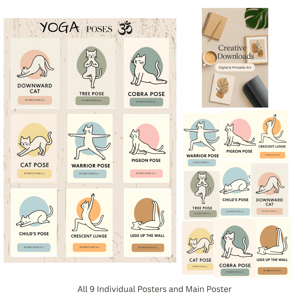 Cat Yoga Digital Print Bundle – 9 Poses + Full Poster (Instant Download)