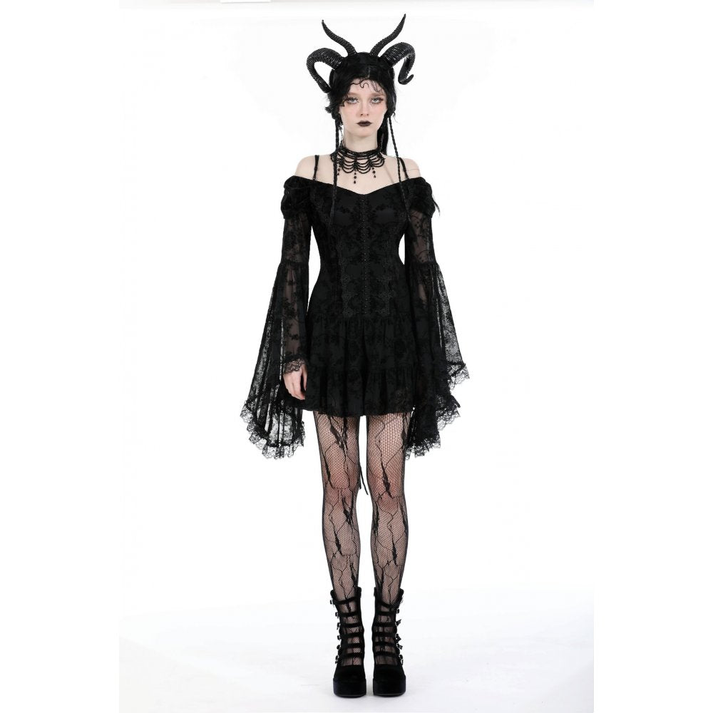 Dark In Love Alora Lace Off Shoulder Dress – Flared Sleeve Goth Style