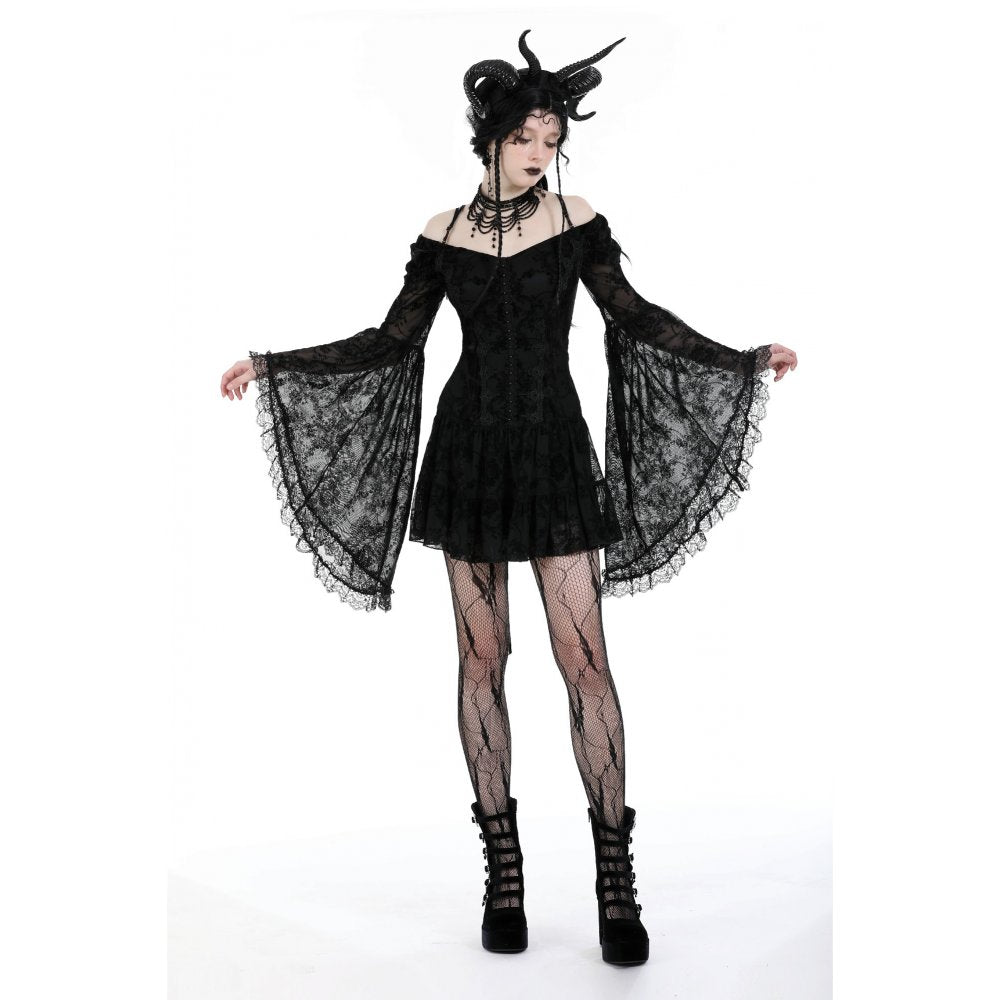 Dark In Love Alora Lace Off Shoulder Dress – Flared Sleeve Goth Style