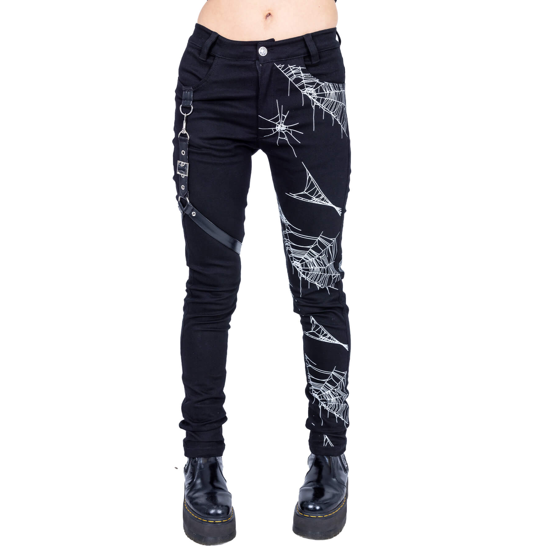 Heartless Arhana Gothic Skinny Trousers – Black Spiderweb Print