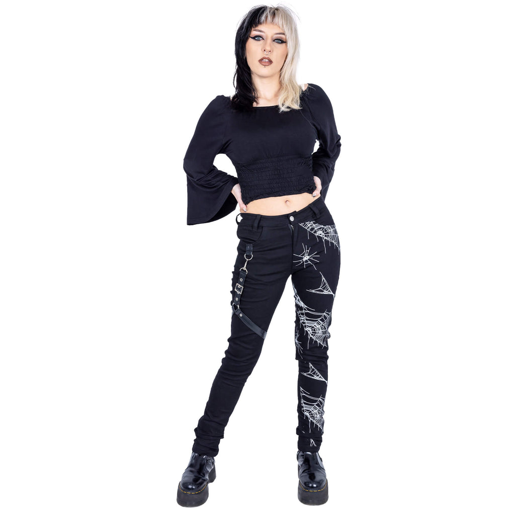 Heartless Arhana Gothic Skinny Trousers – Black Spiderweb Print