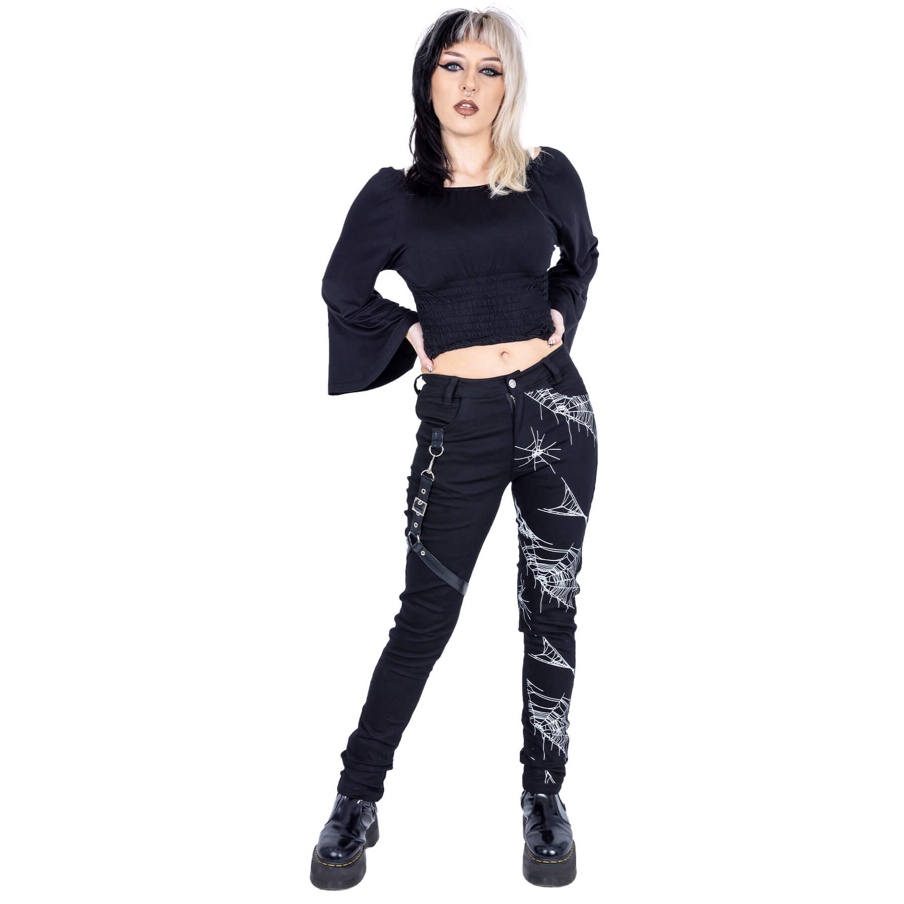 Heartless Arhana Gothic Skinny Trousers – Black Spiderweb Print