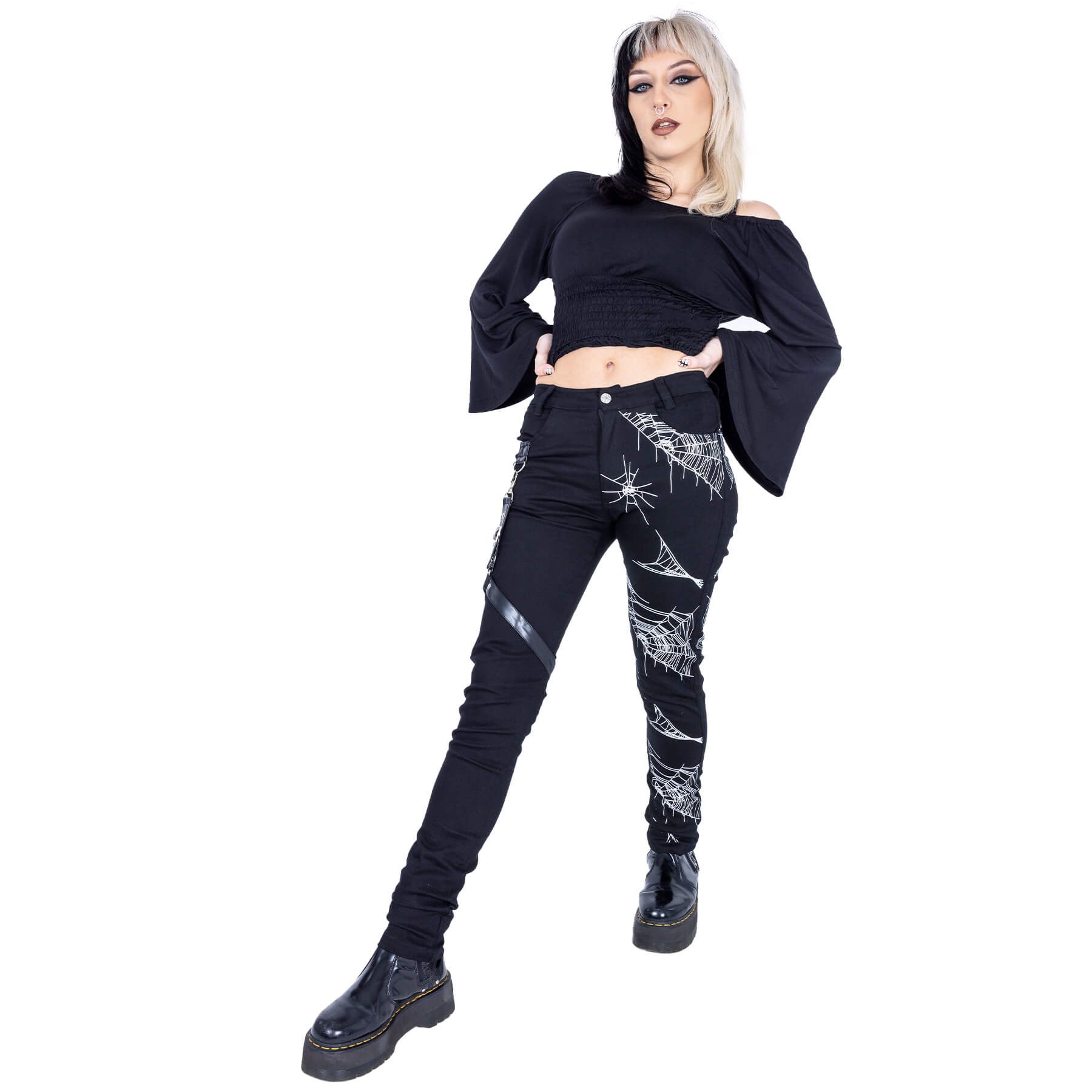 Heartless Arhana Gothic Skinny Trousers – Black Spiderweb Print