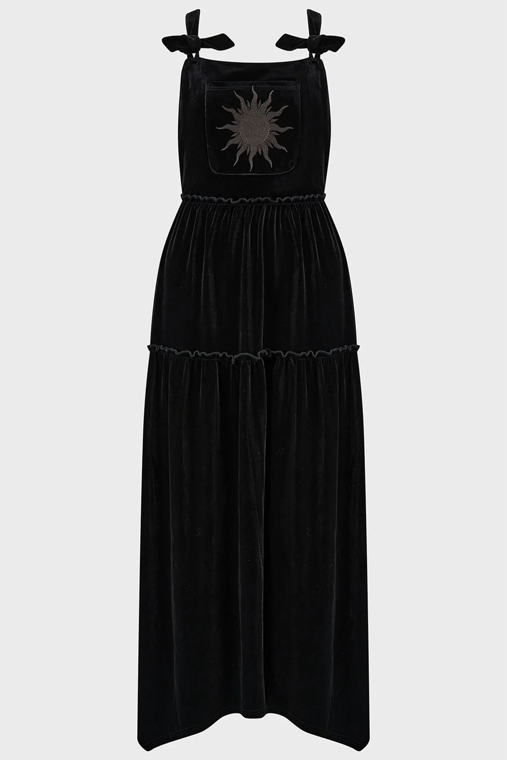 Killstar Ascended Black Velvet Maxi Pinafore Dress – Sun Embroidery