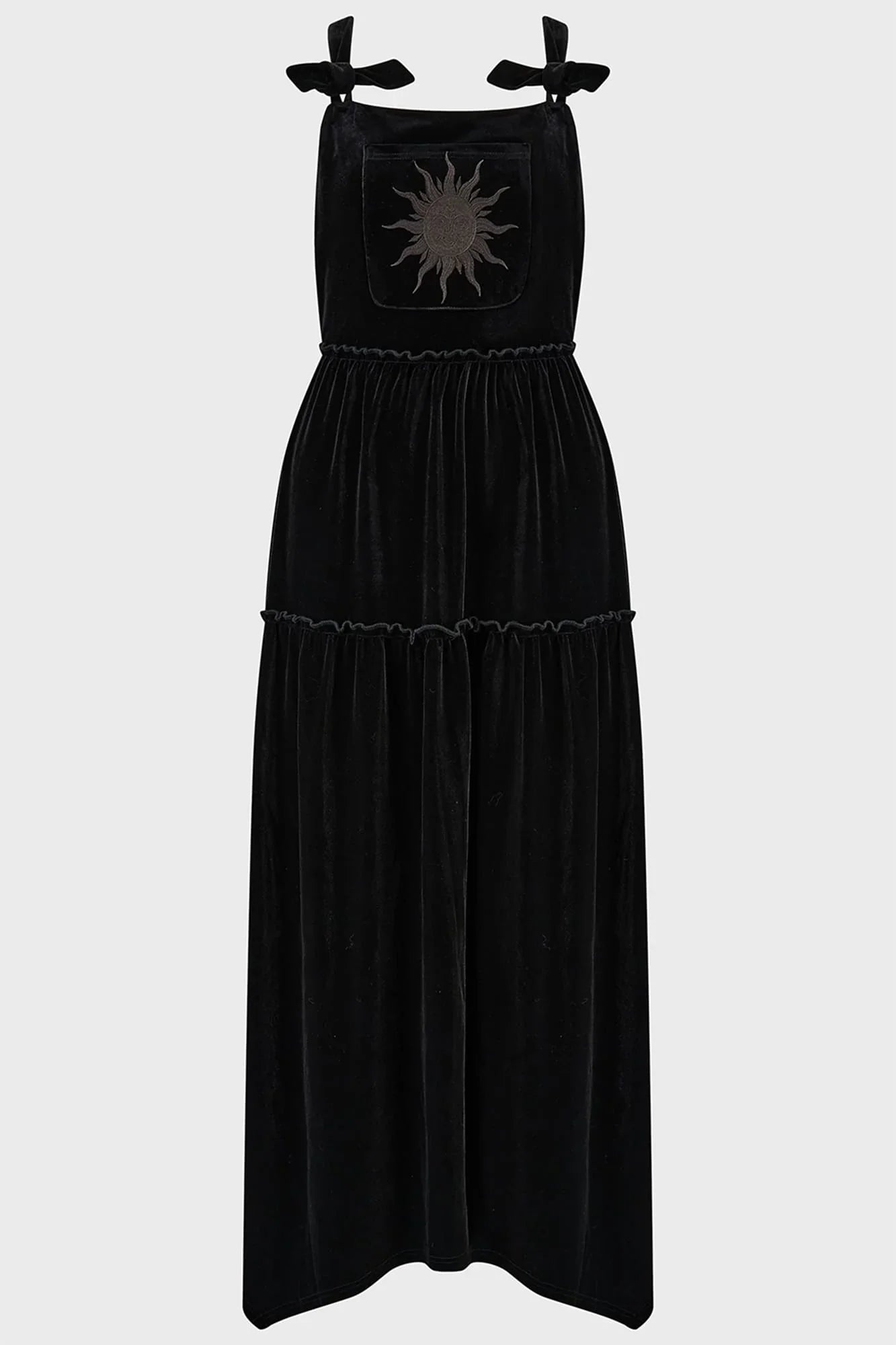 Killstar Ascended Black Velvet Maxi Pinafore Dress – Sun Embroidery