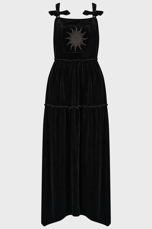 Killstar Ascended Black Velvet Maxi Pinafore Dress – Sun Embroidery