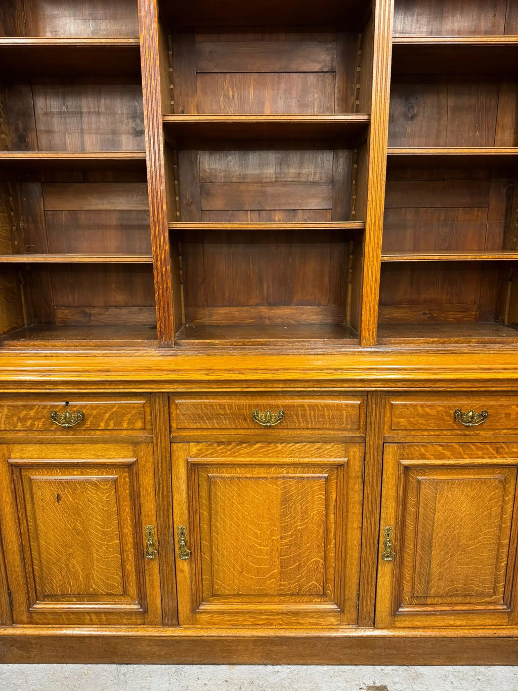 Victorian Solid Oak Breakfront Library Bookcase, TV Stand, Sideboard Display