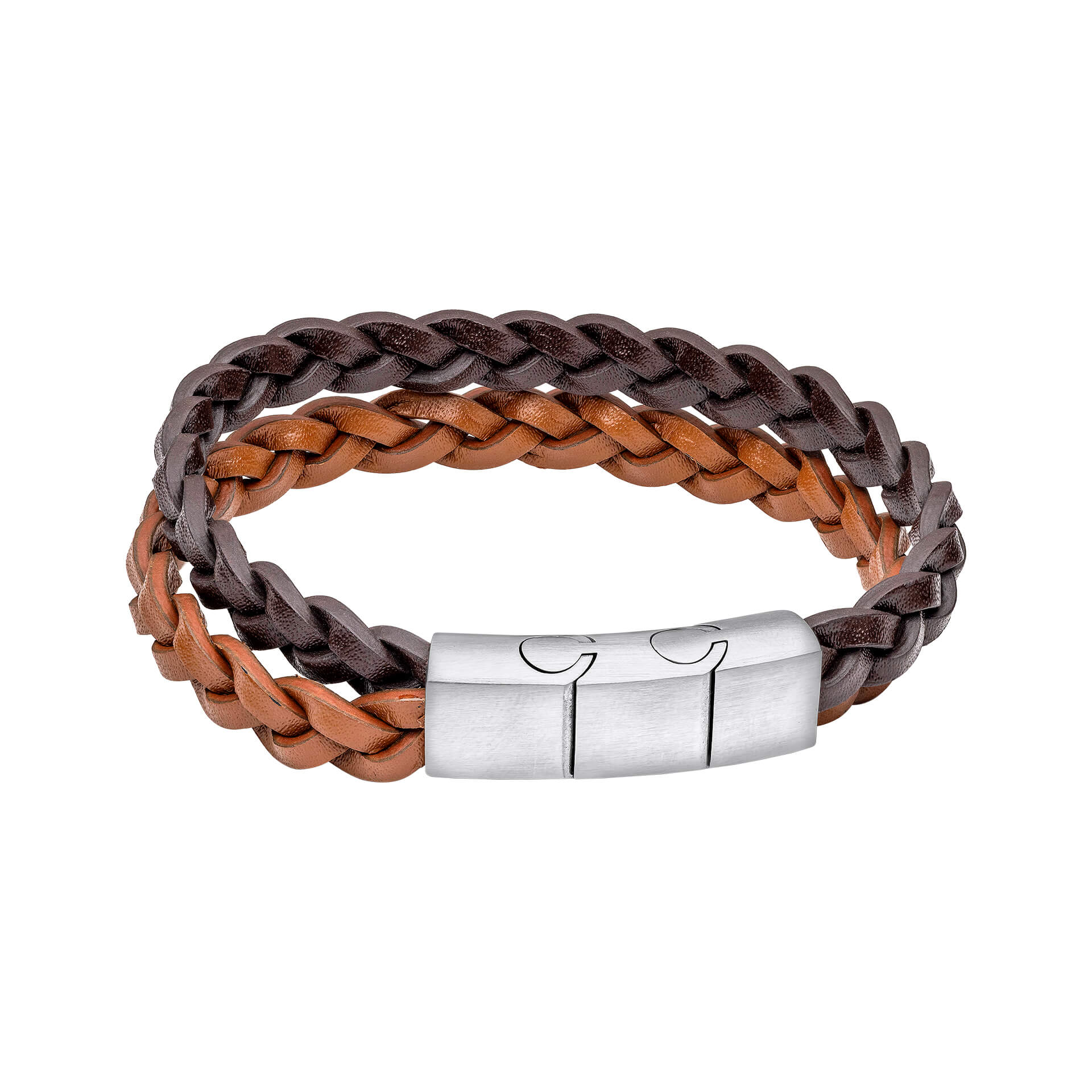 Gecko Jewellery Double Braided Two Tone Leather Bracelet - Stainless Steel