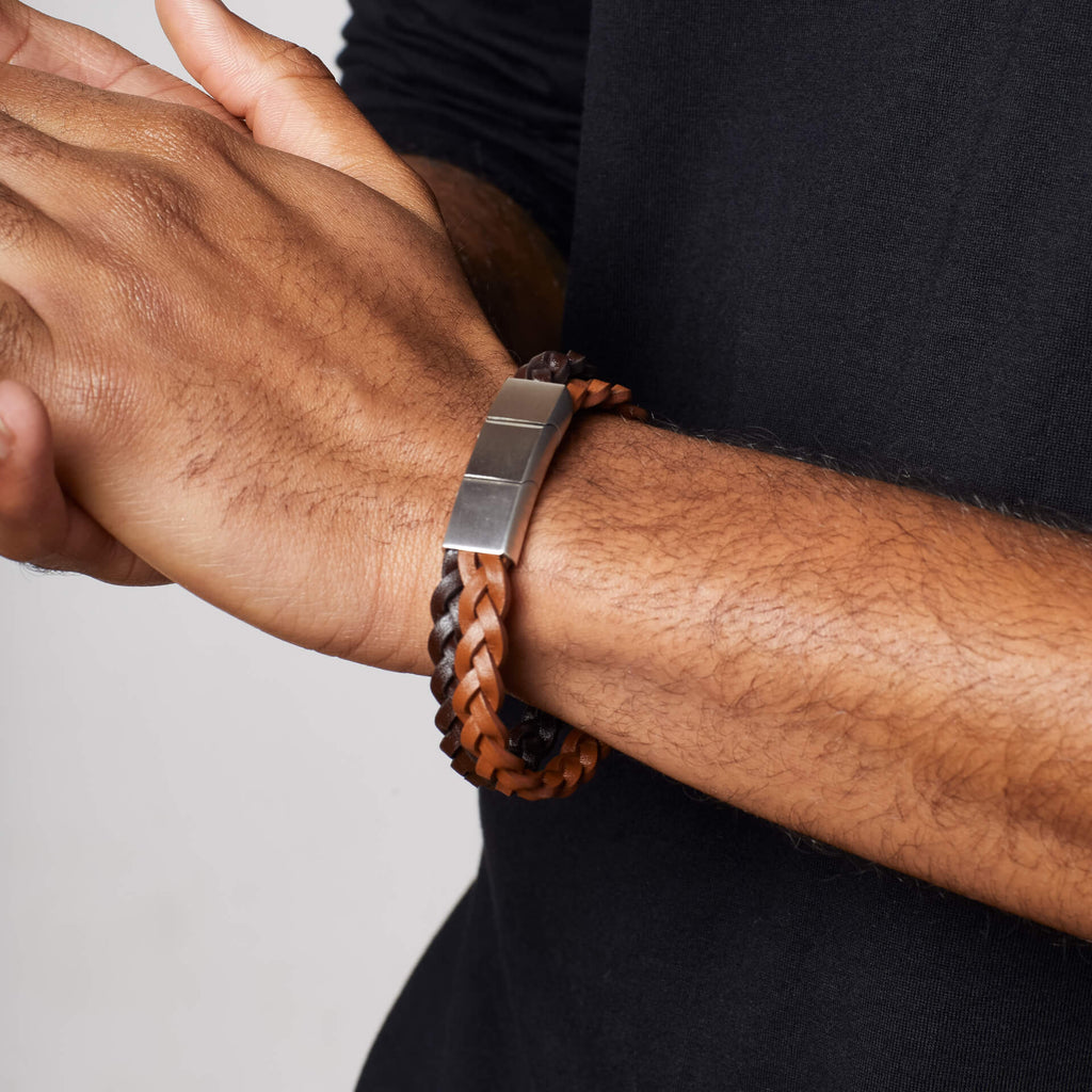 Gecko Jewellery Double Braided Two Tone Leather Bracelet - Stainless Steel