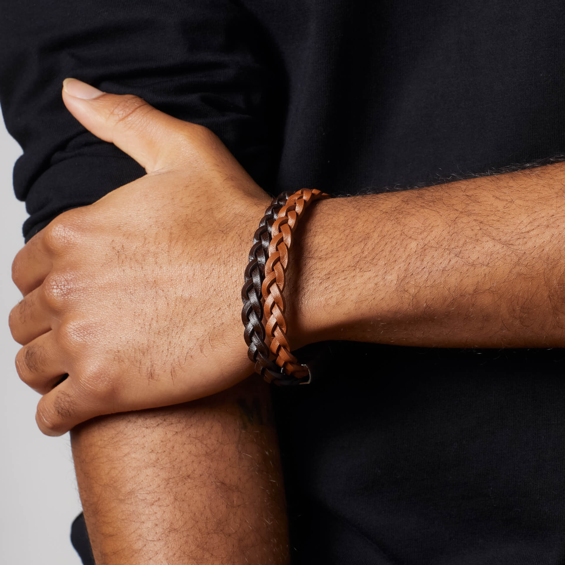 Gecko Jewellery Double Braided Two Tone Leather Bracelet - Stainless Steel