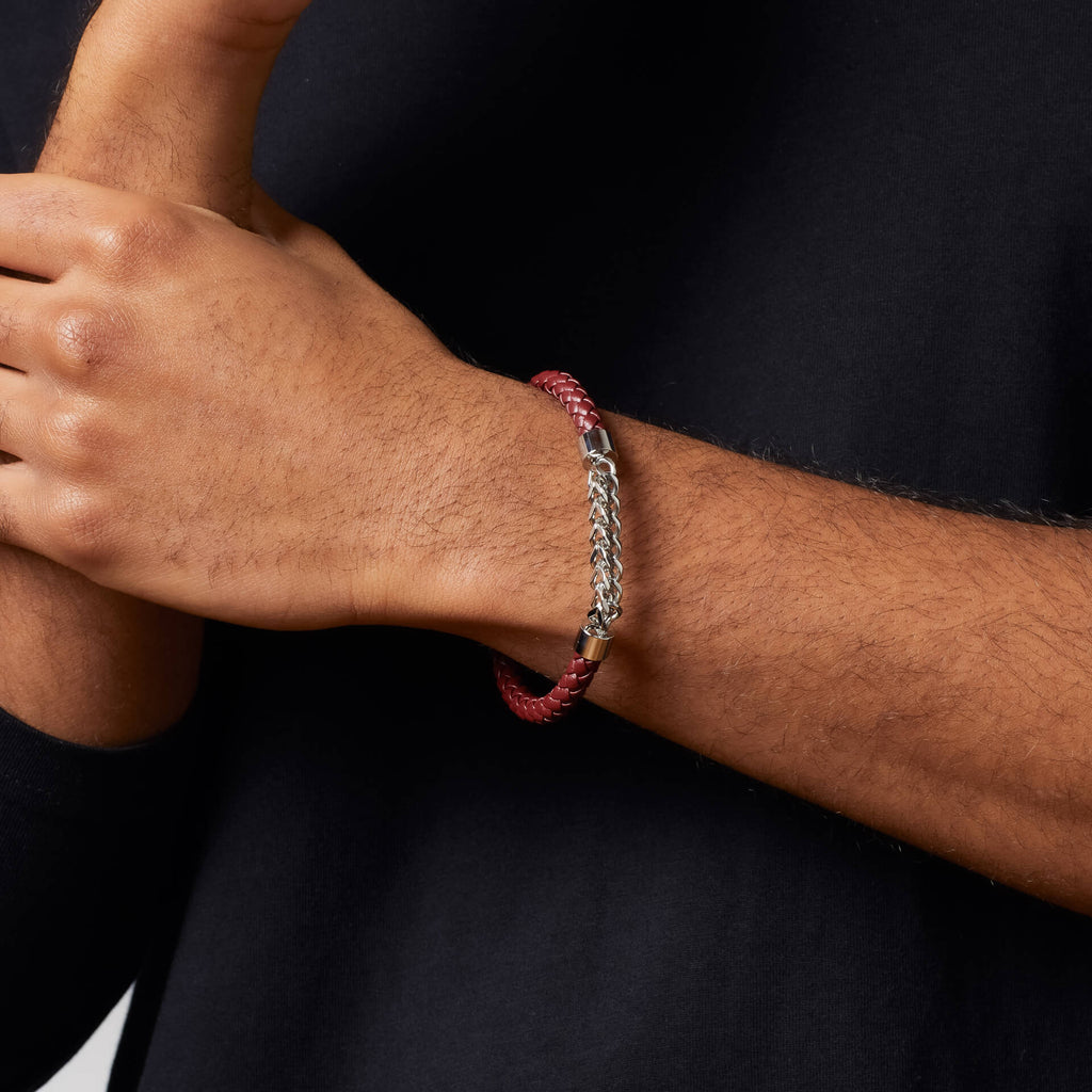Gecko Jewellery Burgundy Leather and Stainless Steel Chain Bracelet