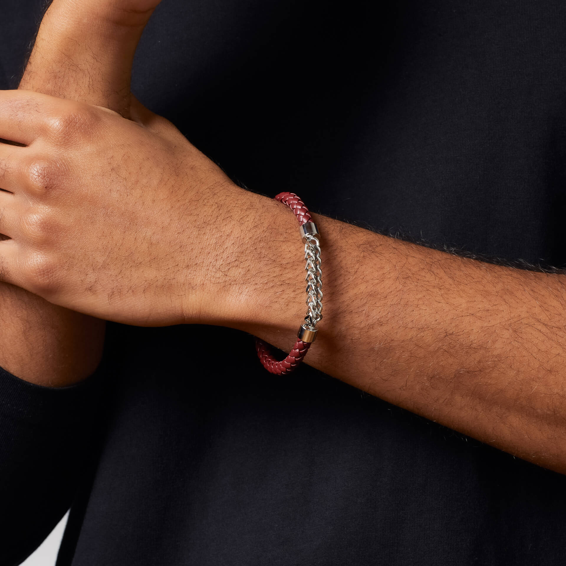 Gecko Jewellery Burgundy Leather and Stainless Steel Chain Bracelet