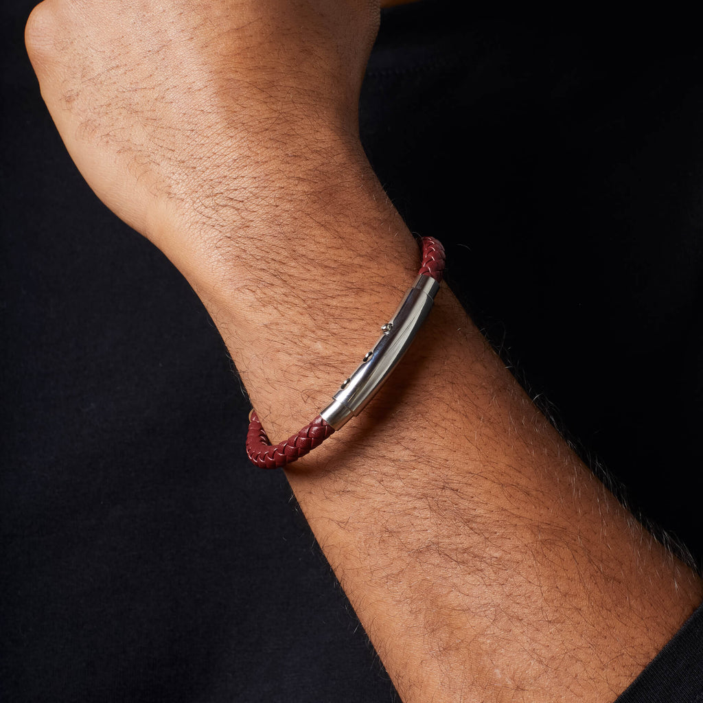 Gecko Jewellery Burgundy Leather and Stainless Steel Chain Bracelet